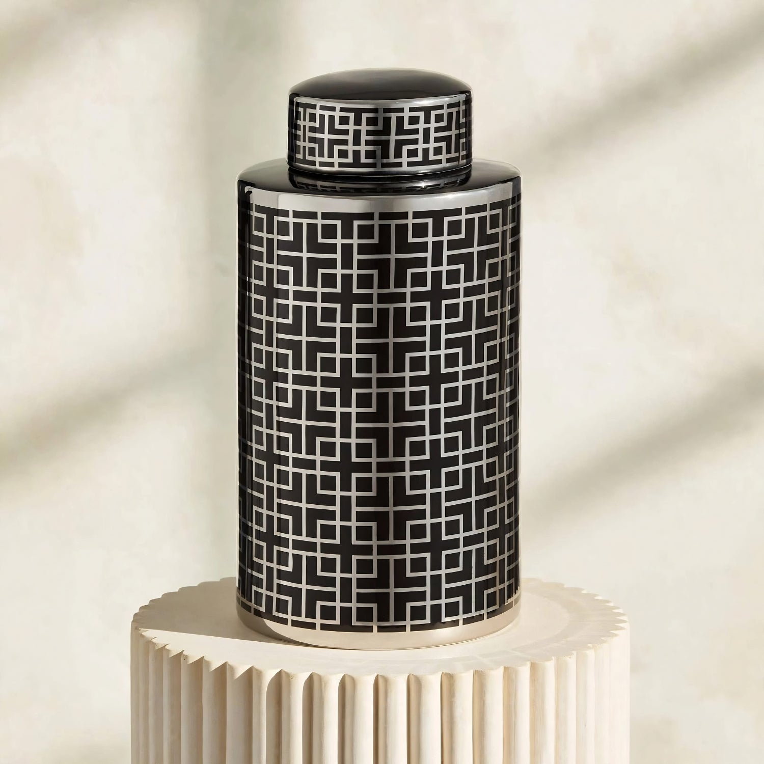 Geometric Ceramic Ginger Lidded Jar Black & Silver