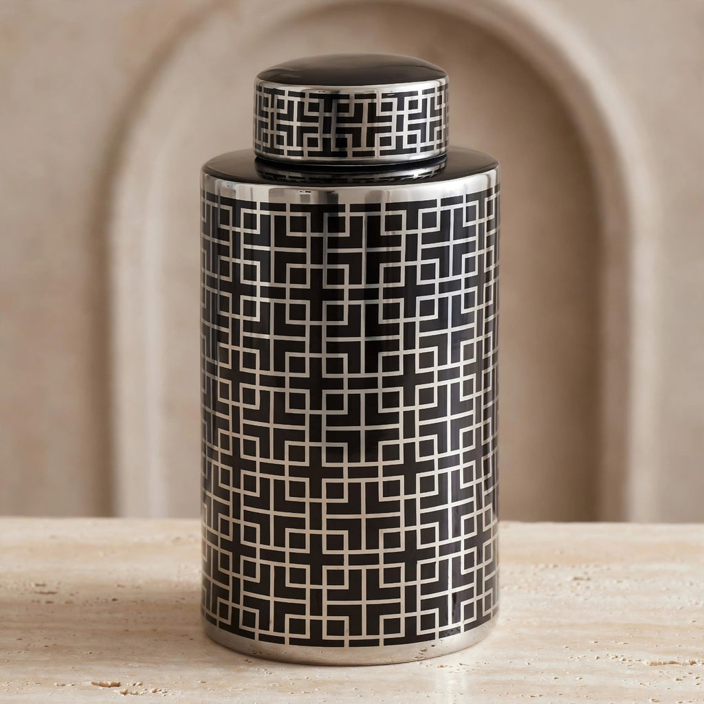 Geometric Ceramic Ginger Lidded Jar Black & Silver