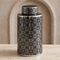 Geometric Ceramic Ginger Lidded Jar Black & Silver