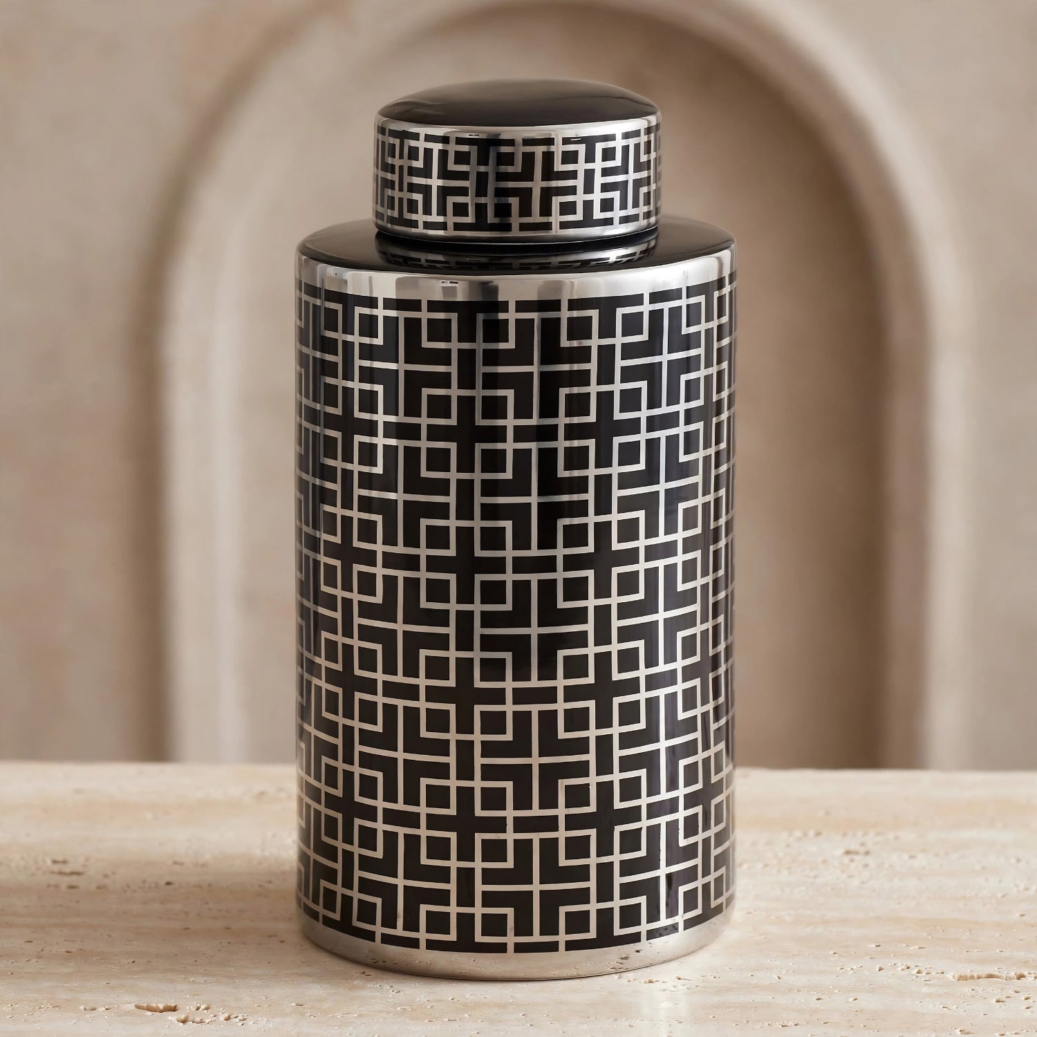 Geometric Ceramic Ginger Lidded Jar Black & Silver
