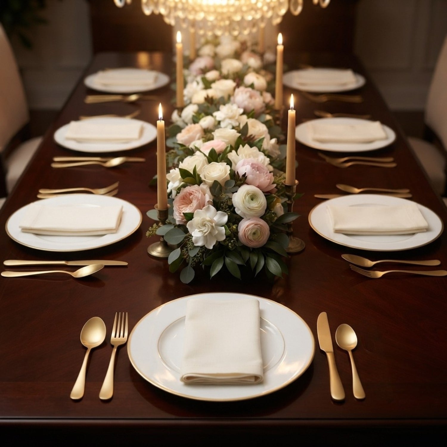 A beautifully arranged dining table set for six, featuring white plates with gold trim, folded white napkins, gold flatware, and a floral centerpiece with pink and white roses, candles, and a chandelier overhead.