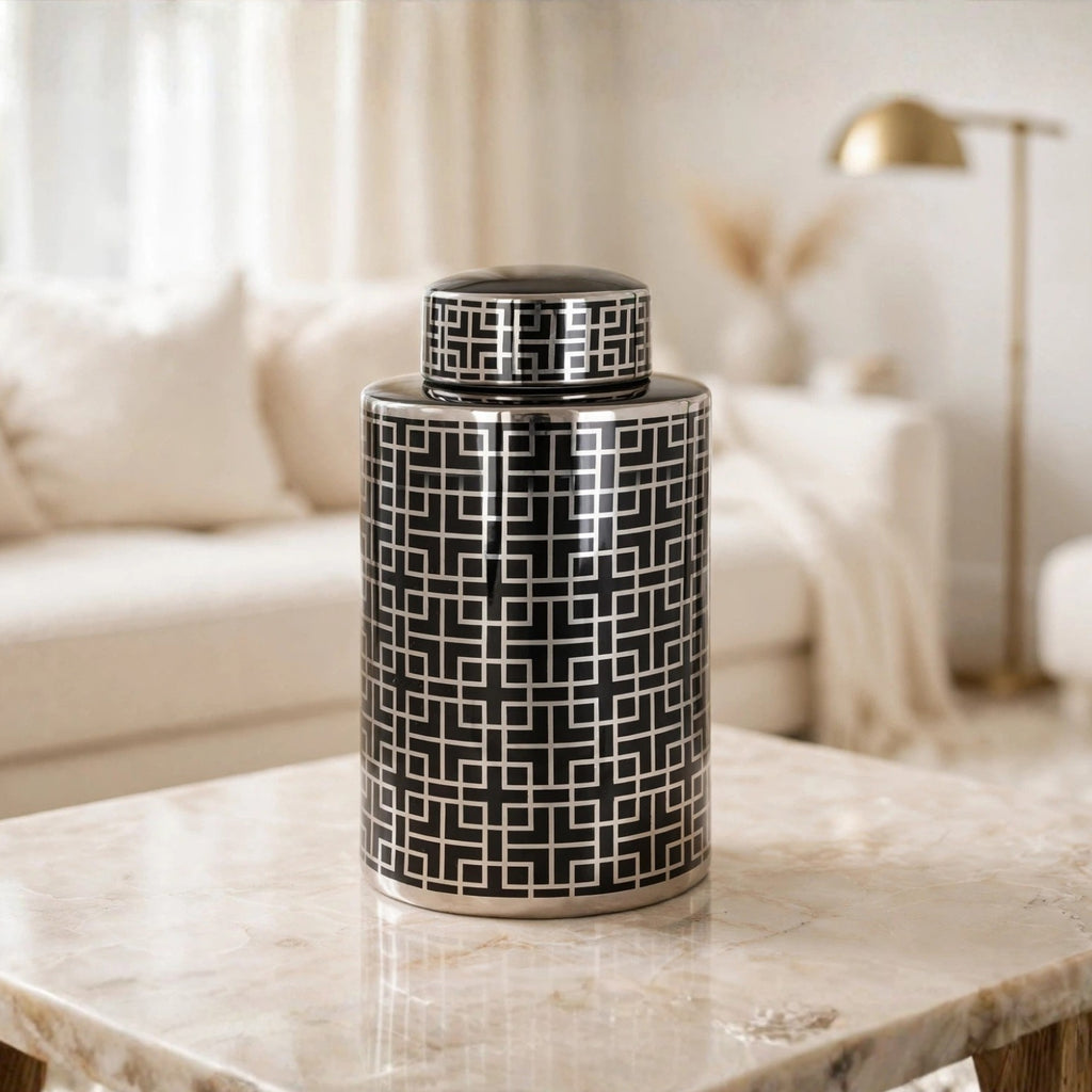 Geometric Ceramic Ginger Lidded Jar Black & Silver