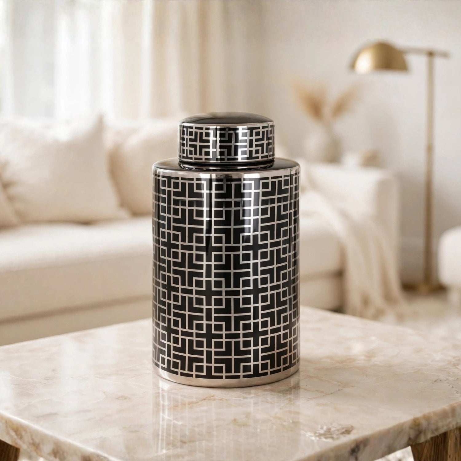 Geometric Ceramic Ginger Lidded Jar Black & Silver