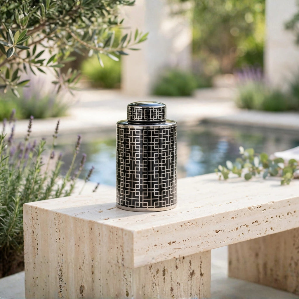 Geometric Ceramic Ginger Lidded Jar Black & Silver