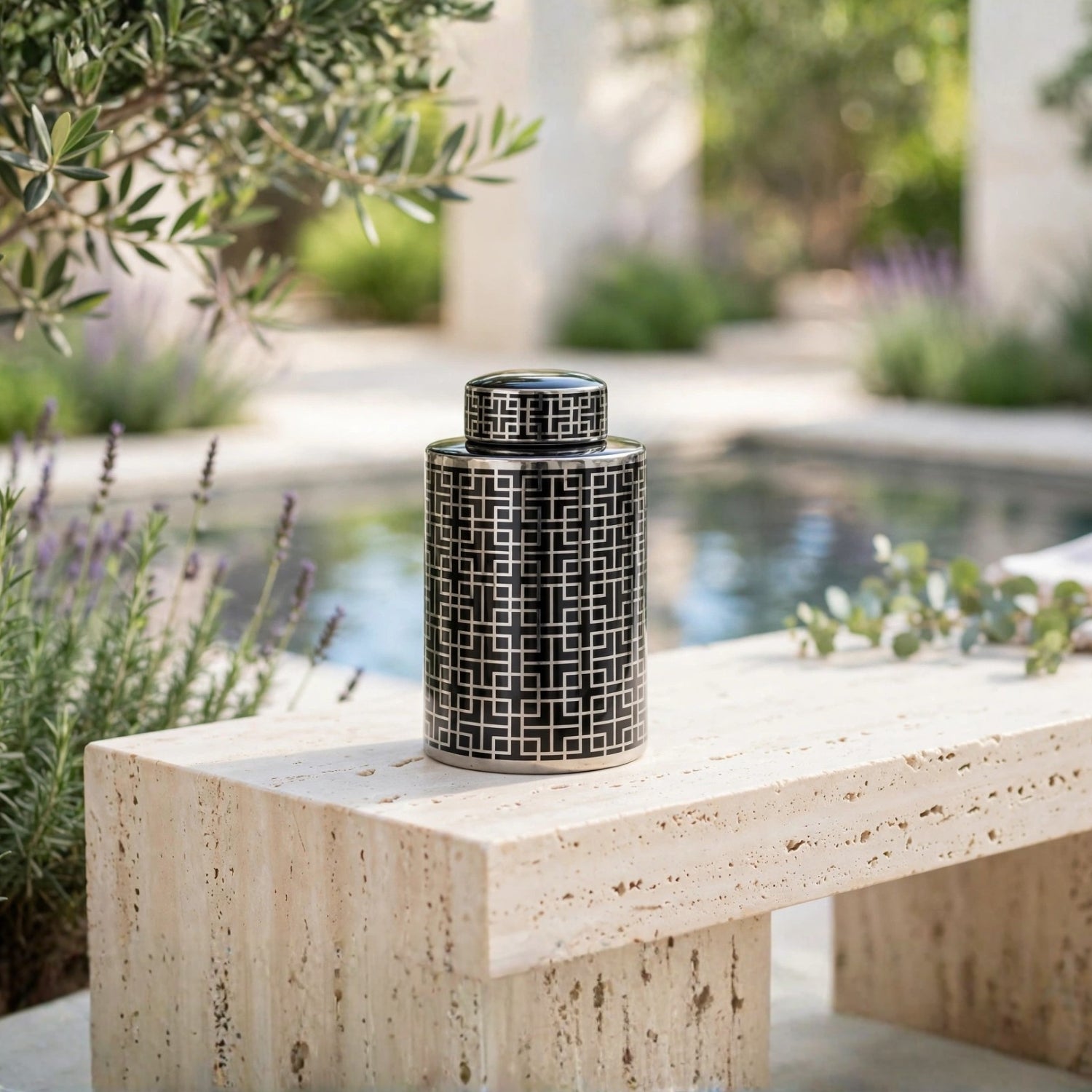 Geometric Ceramic Ginger Lidded Jar Black & Silver