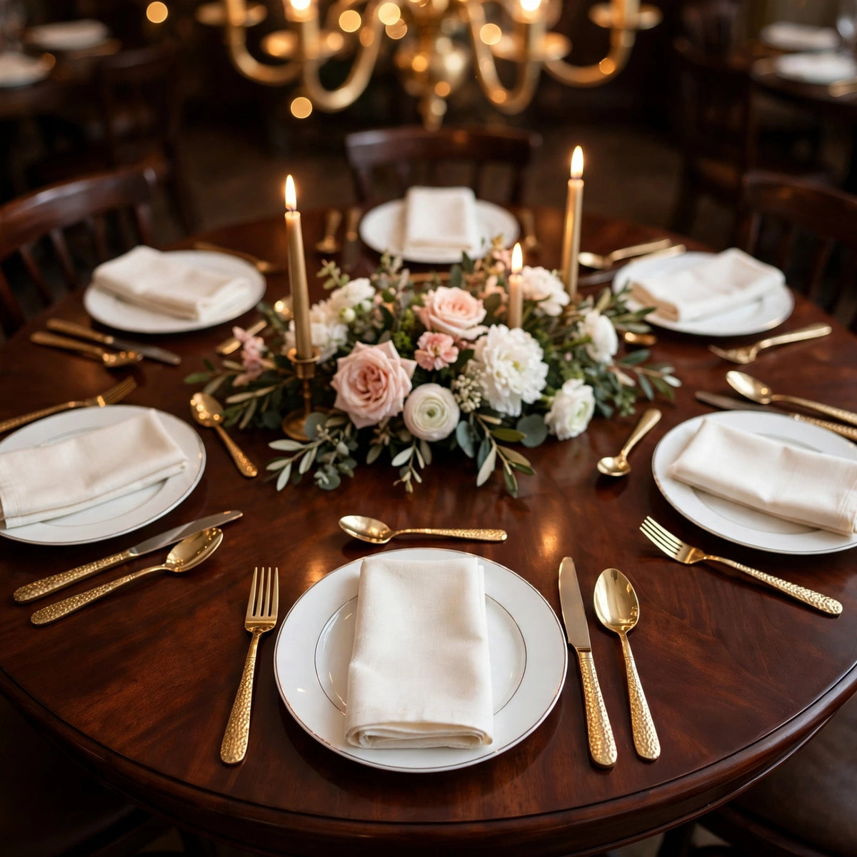 A beautifully set round wooden dining table for six, featuring white plates with folded cream napkins, gold flatware, and a central floral centerpiece with lit taper candles.