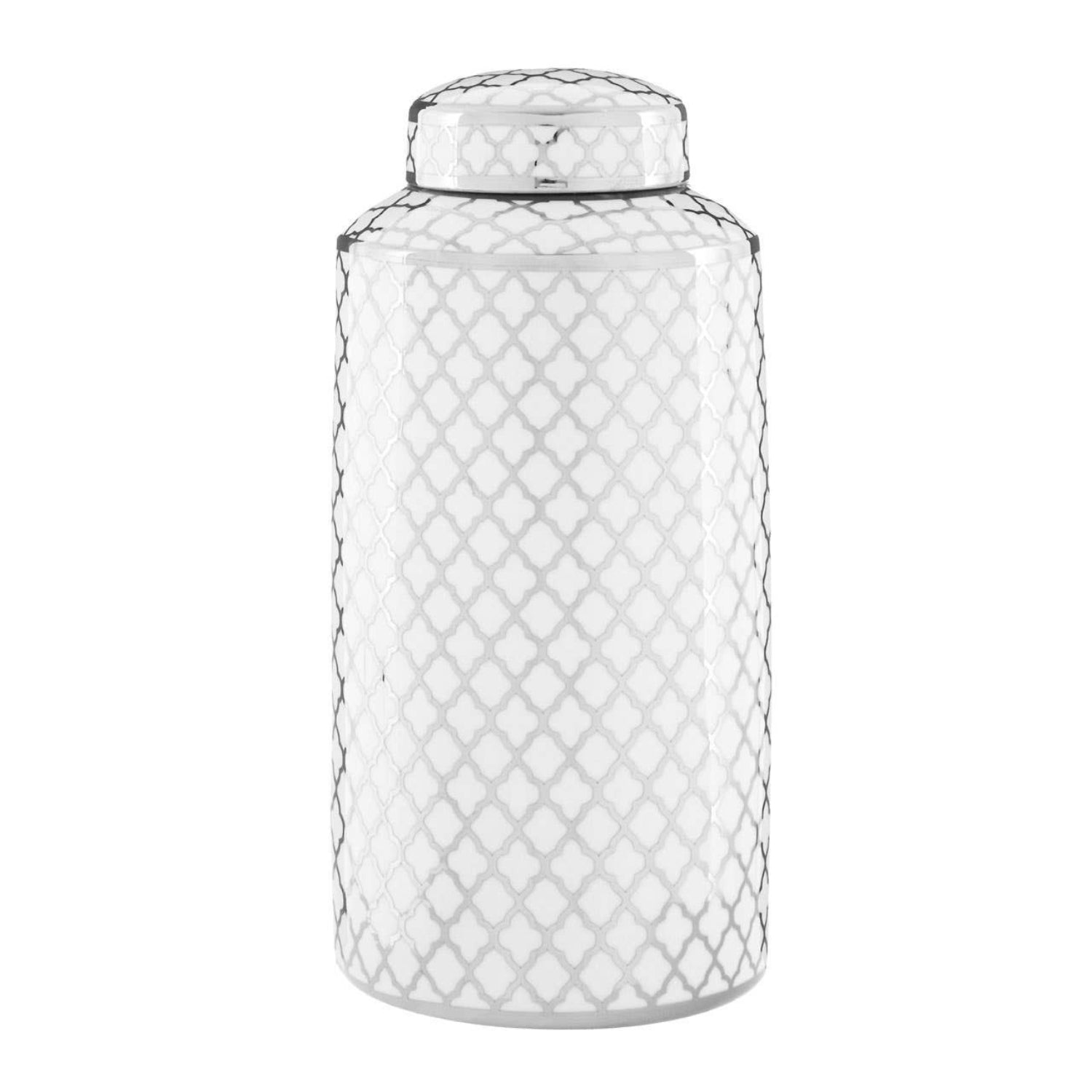 Decorative glass jar with diamond pattern on a white background