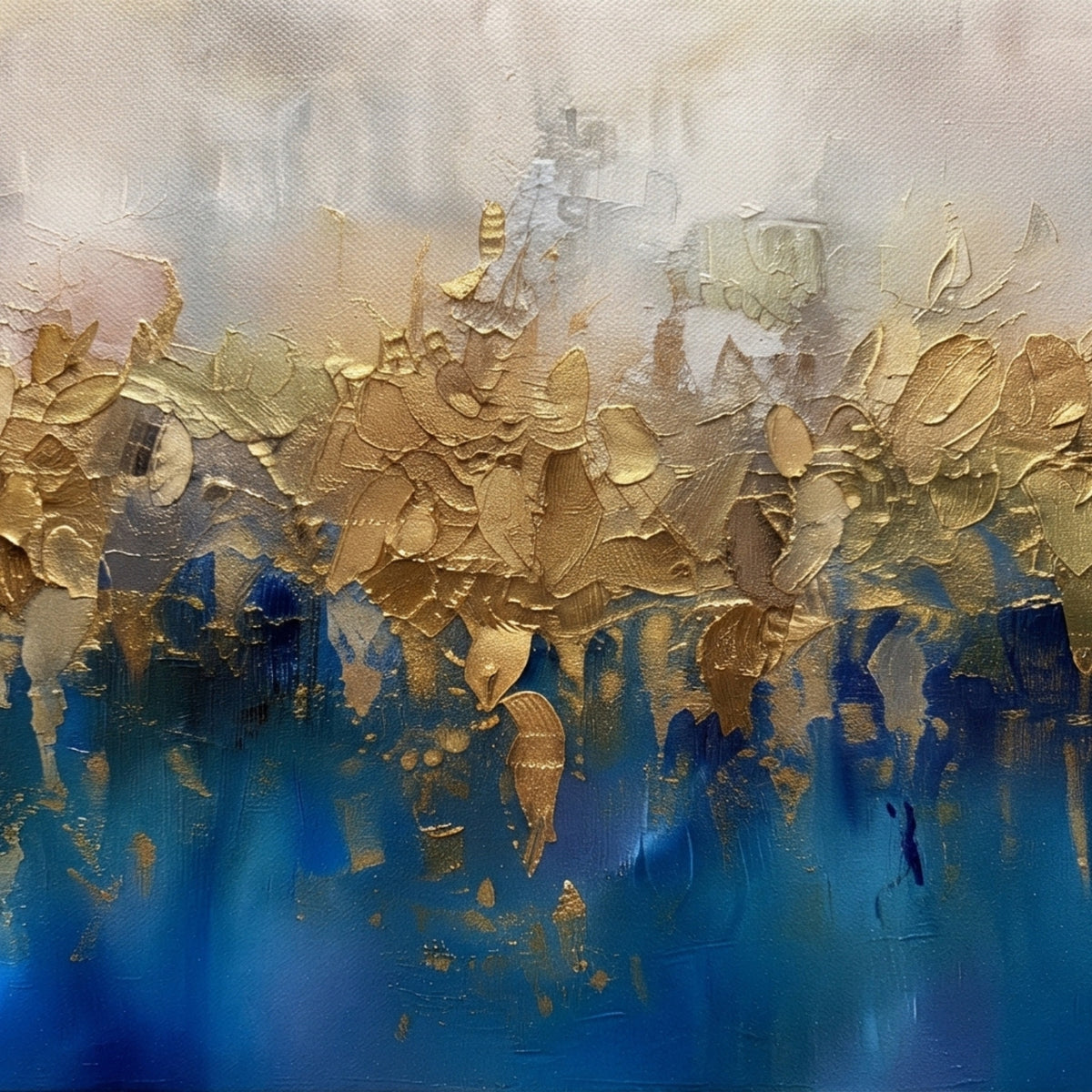 Abstract textured painting with layered thick brushstrokes in blue, gold, beige, and gray, featuring a soft cream upper section, a metallic-looking gold band across the middle, and deep blue tones at the bottom.