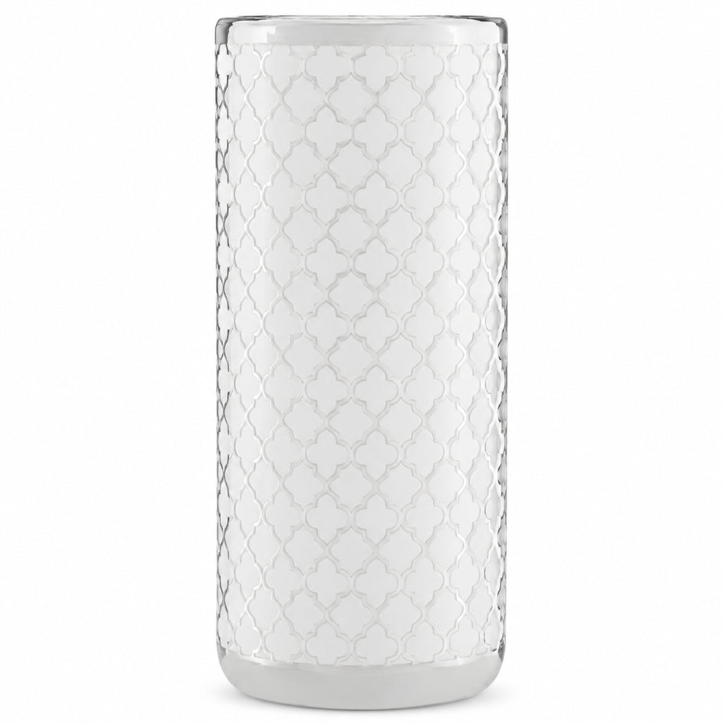 A tall, cylindrical glass vase with a textured, embossed geometric trellis pattern on a white background.