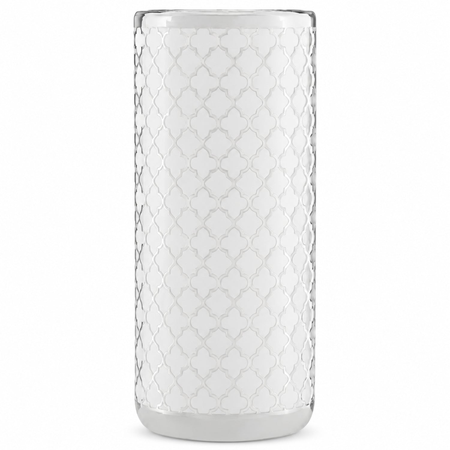A tall, cylindrical glass vase with a textured, embossed geometric trellis pattern on a white background.