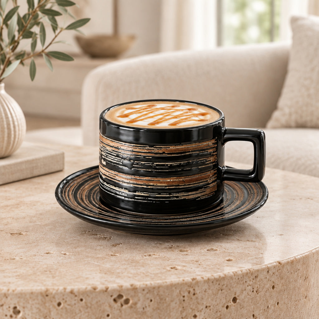 A black ceramic coffee cup with a matching saucer, decorated with horizontal gold and beige textured stripes. The cup is filled with a latte on a round stone table in a cozy, modern living room setting.