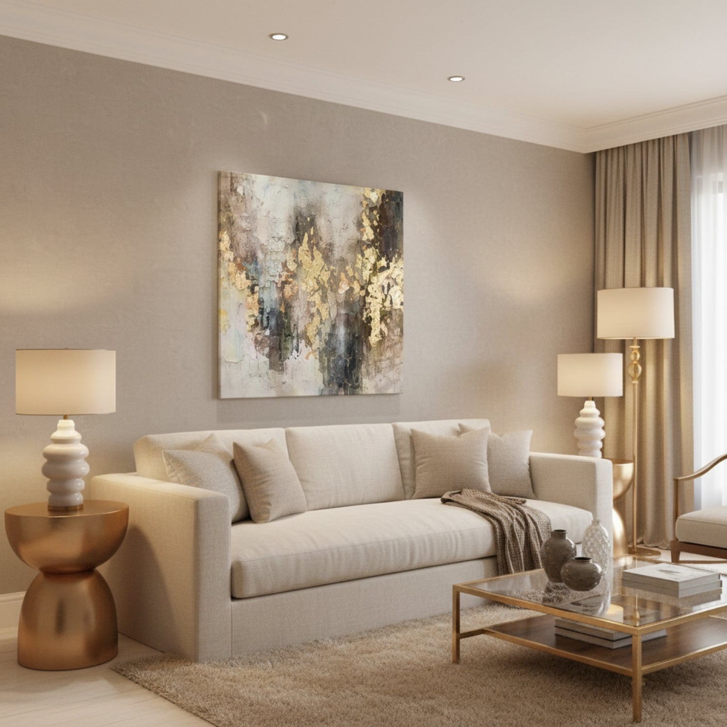 A modern living room featuring a large abstract canvas painting with gold, gray, and blue tones hanging above a beige sofa. The room is styled with a glass coffee table, two table lamps on metallic side tables, a floor lamp, and neutral curtains.
