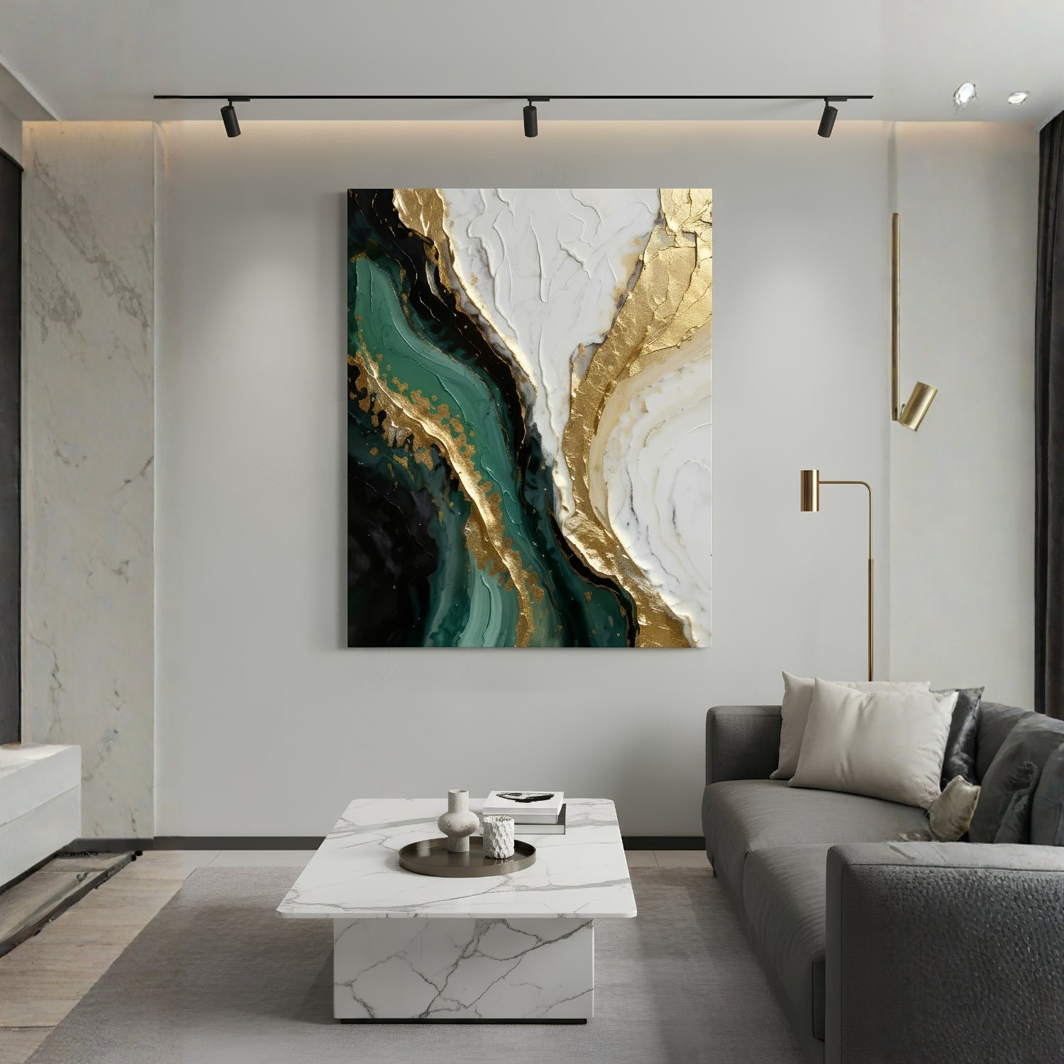 Large abstract canvas wall art with flowing gold, teal, black, and white textures displayed above a marble coffee table in a modern living room.