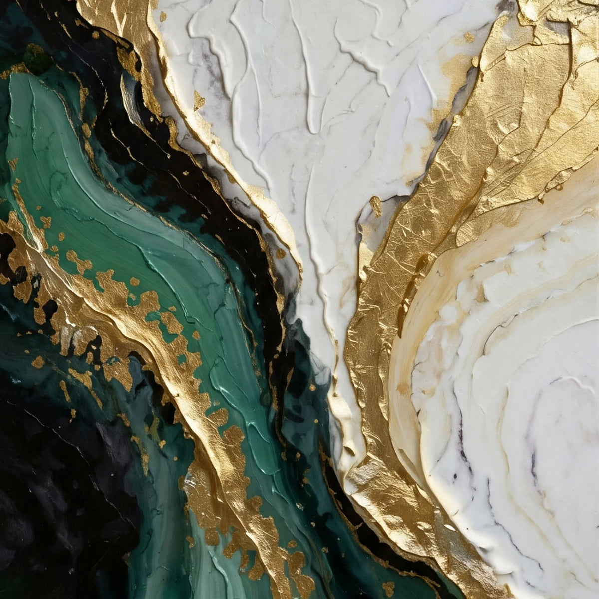 Abstract fluid art painting with textured swirls of white, metallic gold, deep teal green, black, and cream.