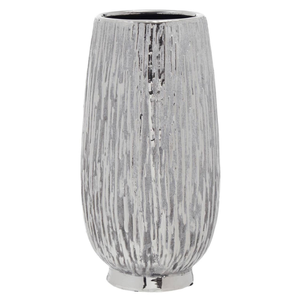 A tall, ribbed ceramic vase with a distressed silver and white textured glaze, shown against a plain white background.