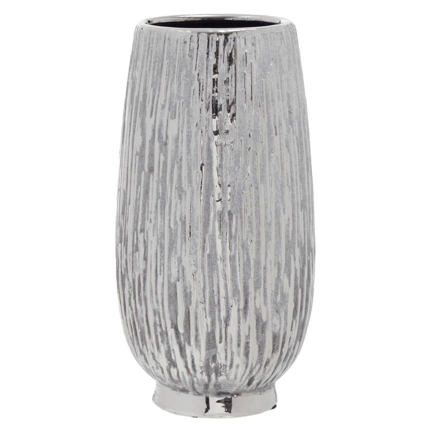 A tall, ribbed ceramic vase with a distressed silver and white textured glaze, shown against a plain white background.