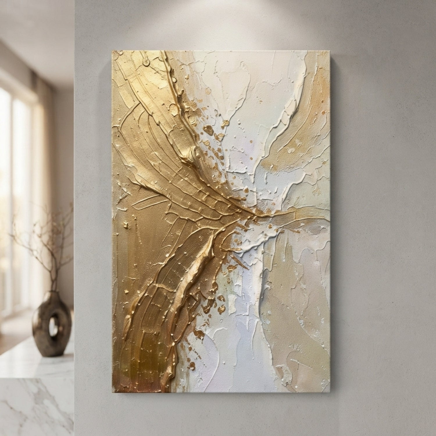 An abstract canvas wall art print featuring textured impasto brushstrokes in metallic gold and cream-white, displayed on a light gray wall in a modern interior setting.