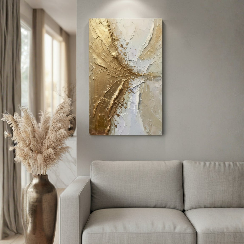 Abstract canvas wall art with textured gold and white brushstrokes hanging above a light gray sofa in a modern living room setting.