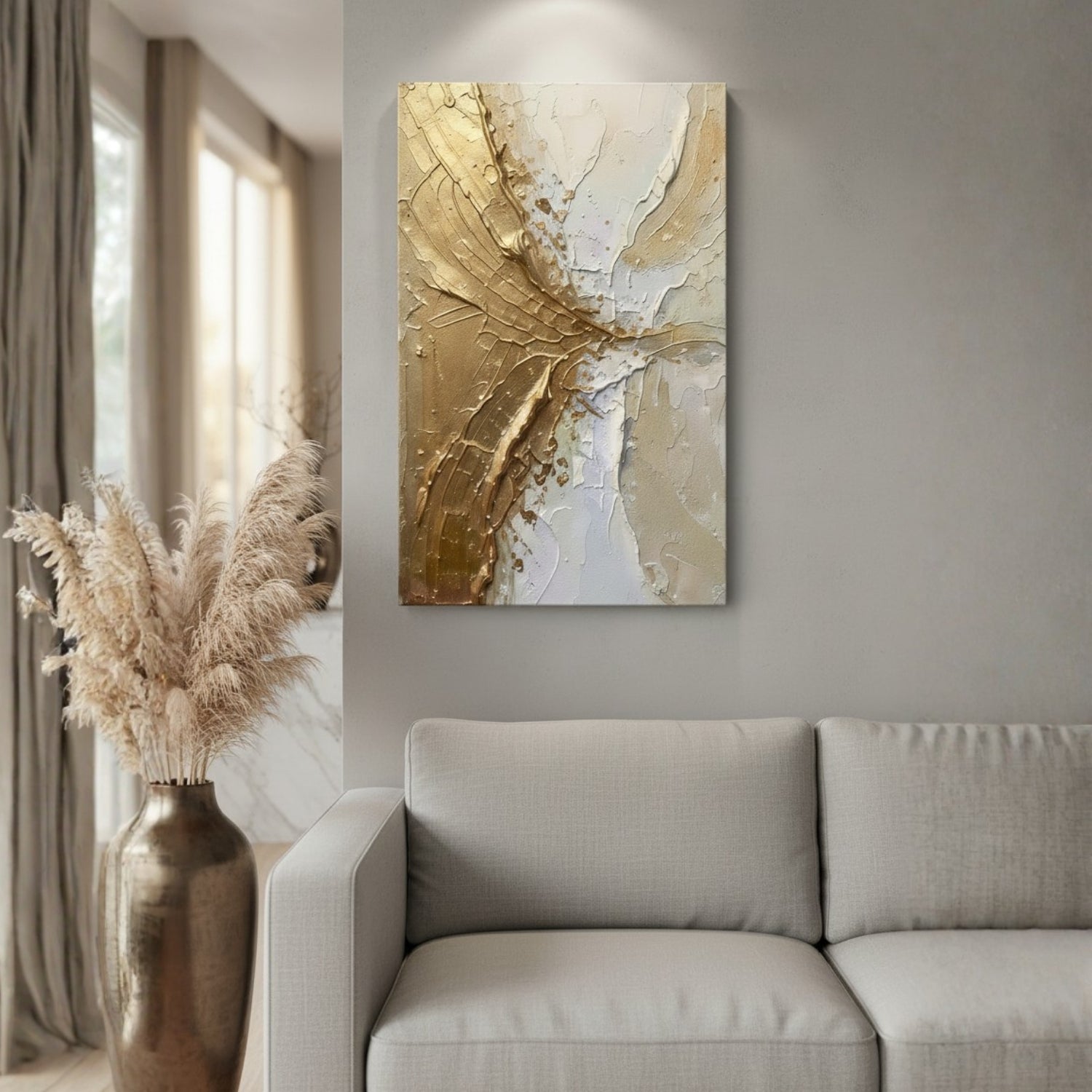 Abstract canvas wall art with textured gold and white brushstrokes hanging above a light gray sofa in a modern living room setting.