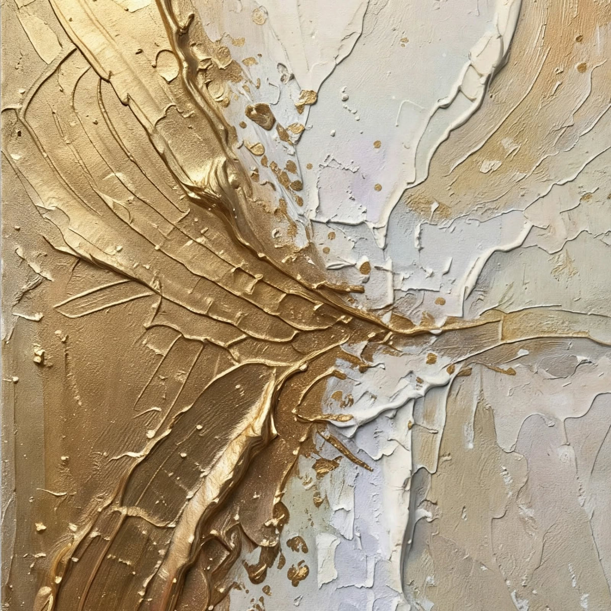 Abstract textured painting with thick impasto brushstrokes in metallic gold and warm beige over a soft off-white and light gray background.