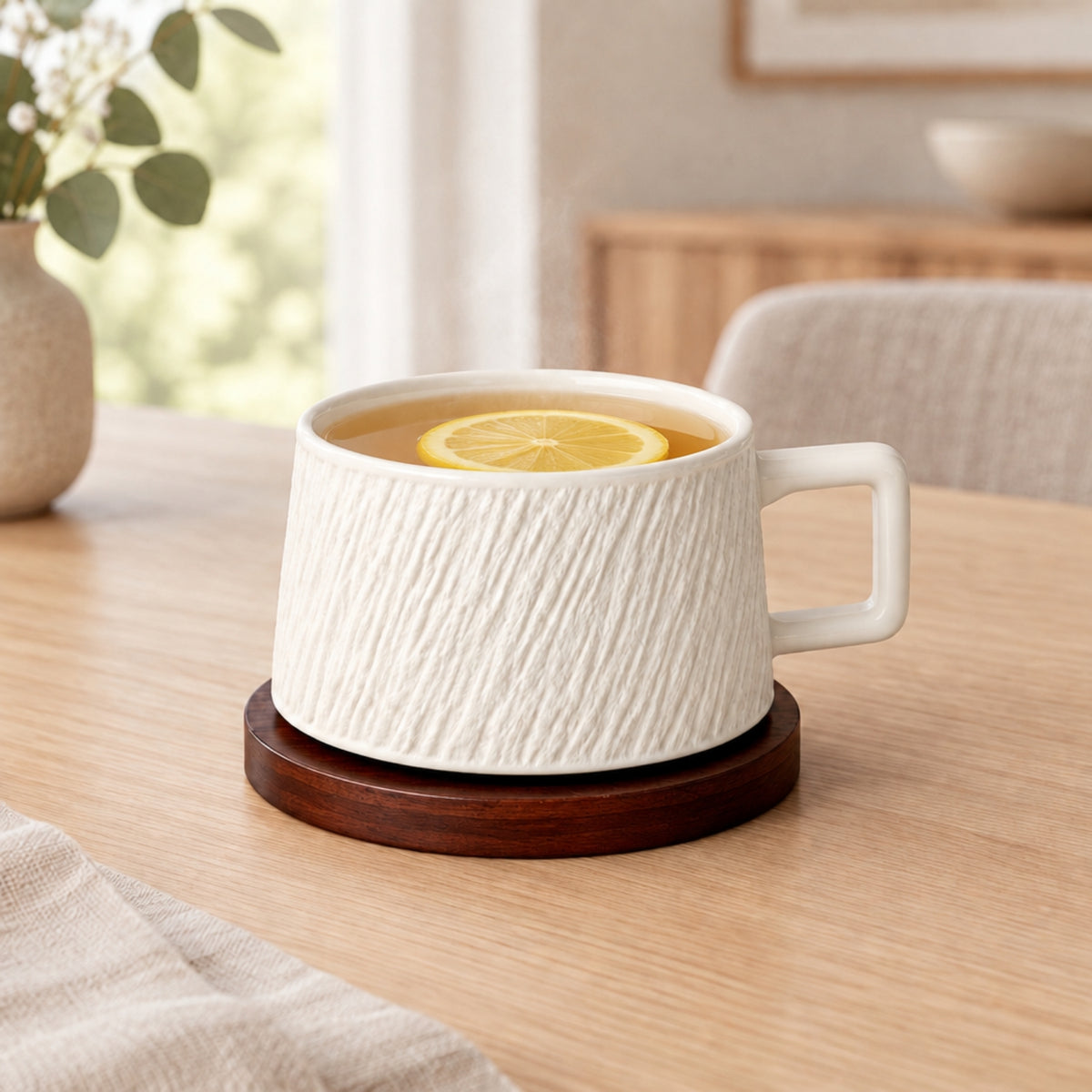 A white ceramic mug with a textured vertical ribbed pattern sits on a round dark brown wooden coaster on a light wood table. The mug is filled with tea and a lemon slice, set in a softly blurred home interior background.