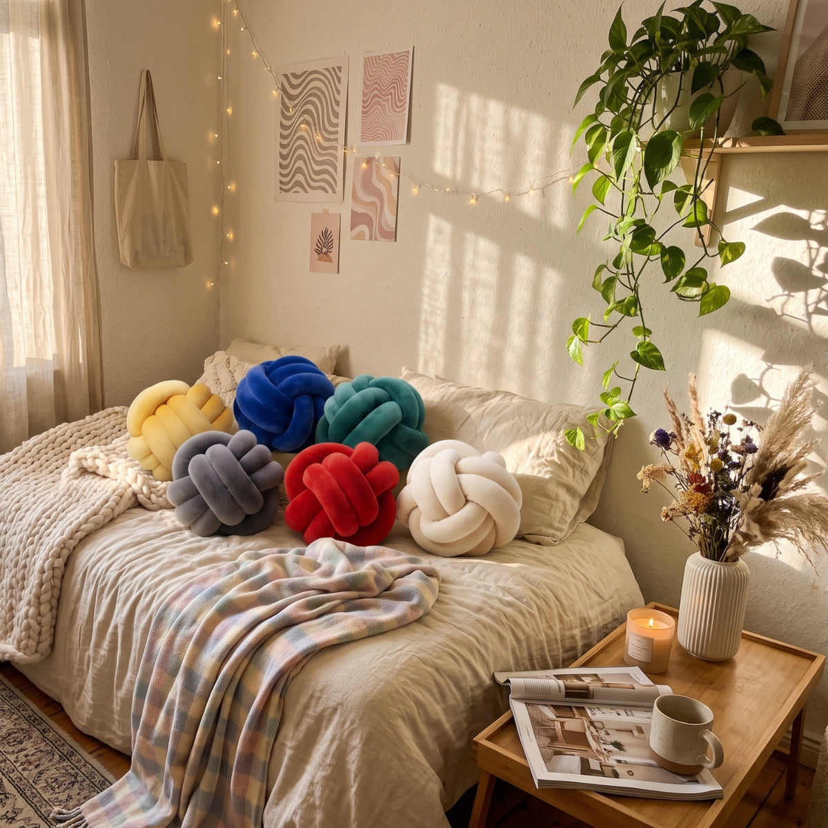 A cozy bedroom scene with a bed made up with cream bedding and several knotted throw pillows in yellow, blue, teal, gray, red, and white. A wooden side table with a mug, candle, and dried flowers sits beside the bed, and a hanging plant and string lights decorate the room.