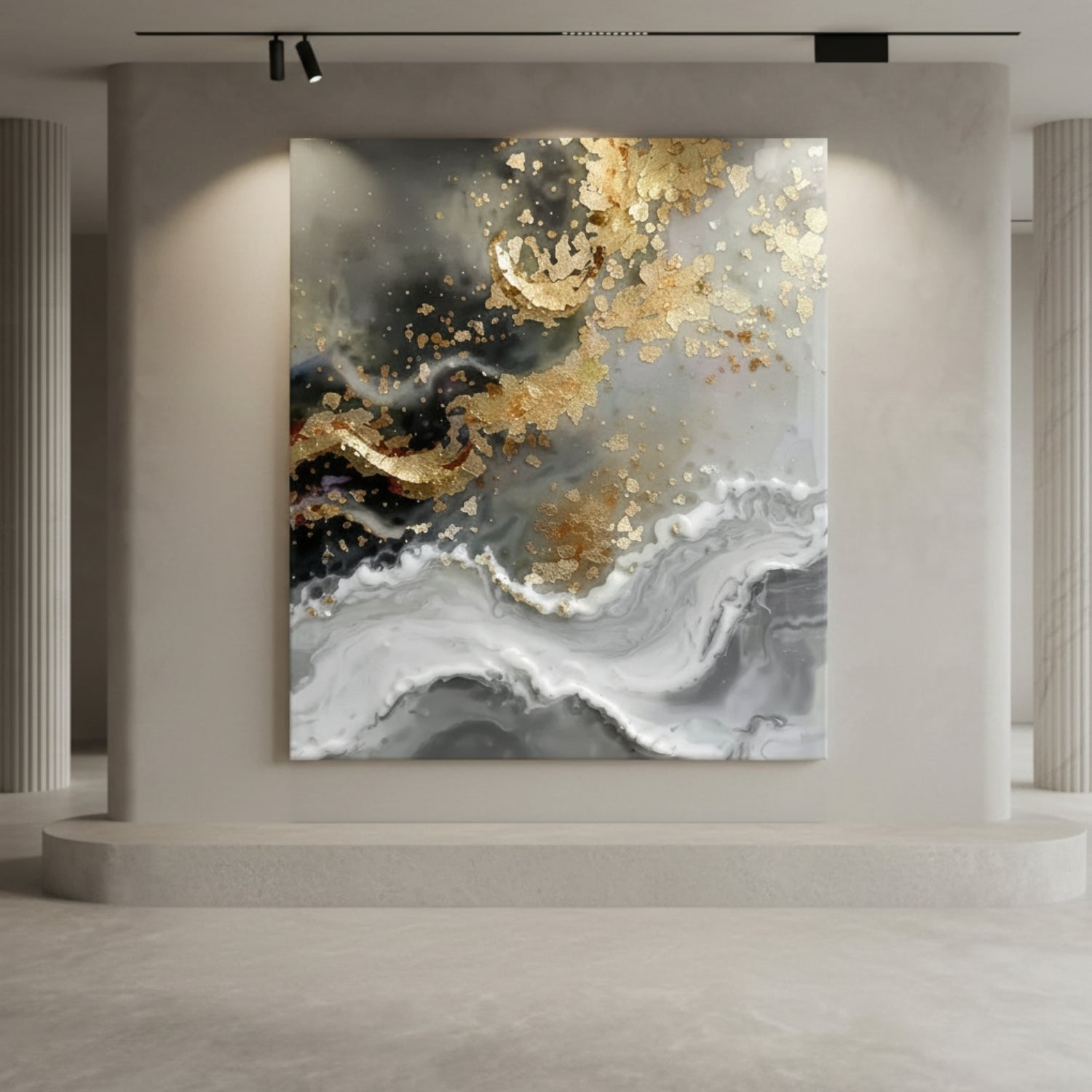 Large abstract wall art canvas hanging in a modern gallery-like interior. The artwork features flowing marbled gray and white forms with prominent metallic gold leaf-like splatter and curved accents over dark charcoal/black areas.