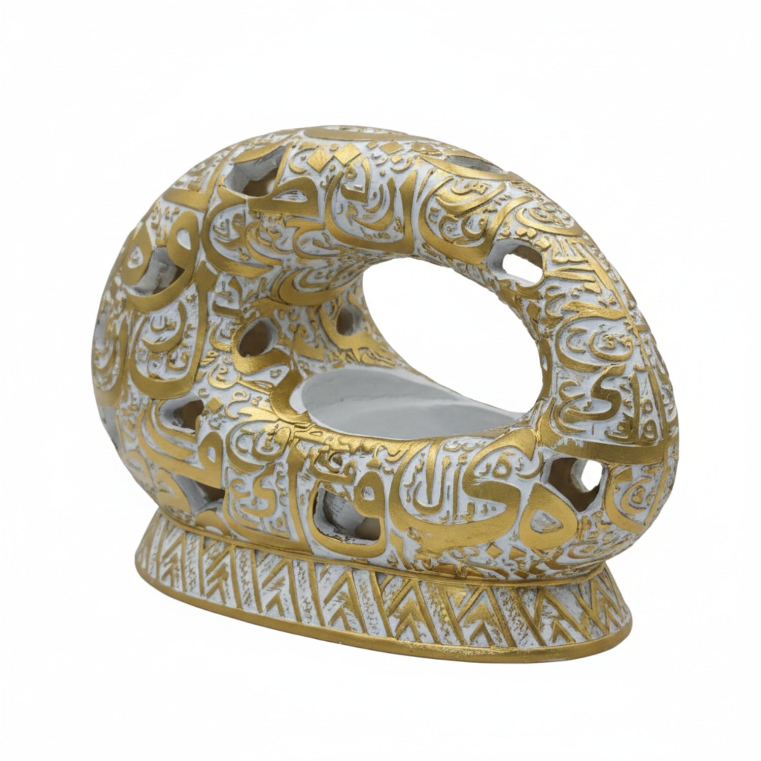 An ornate gold and white ceramic cup or tea holder with intricate Arabic calligraphy patterns, shown on a plain white background.