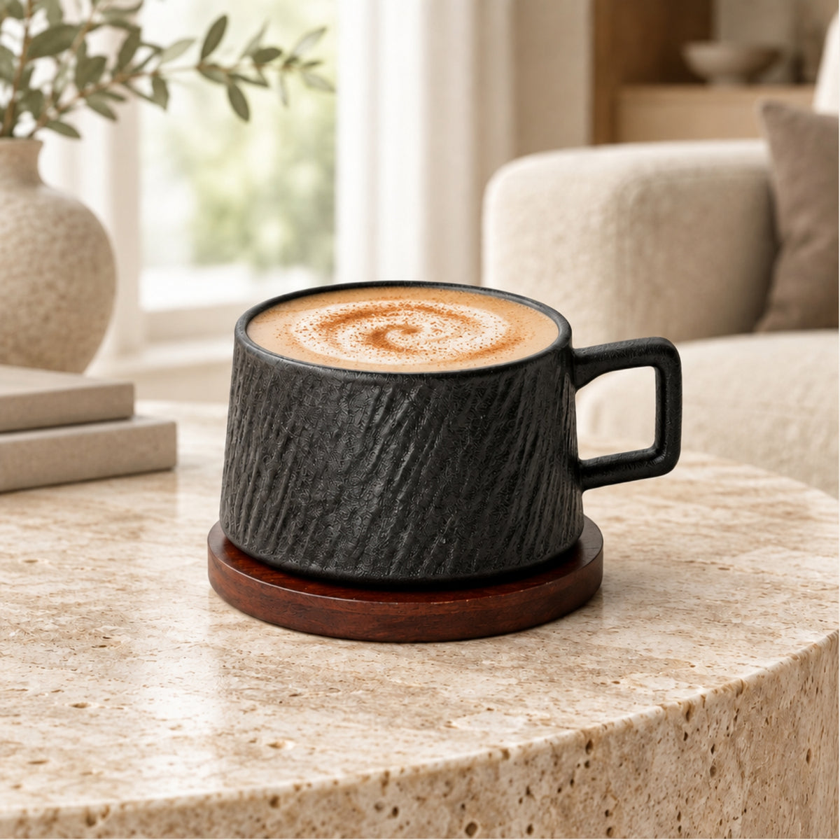 A dark textured ceramic mug filled with latte art sits on a round wooden coaster on a stone table in a softly lit living room setting.
