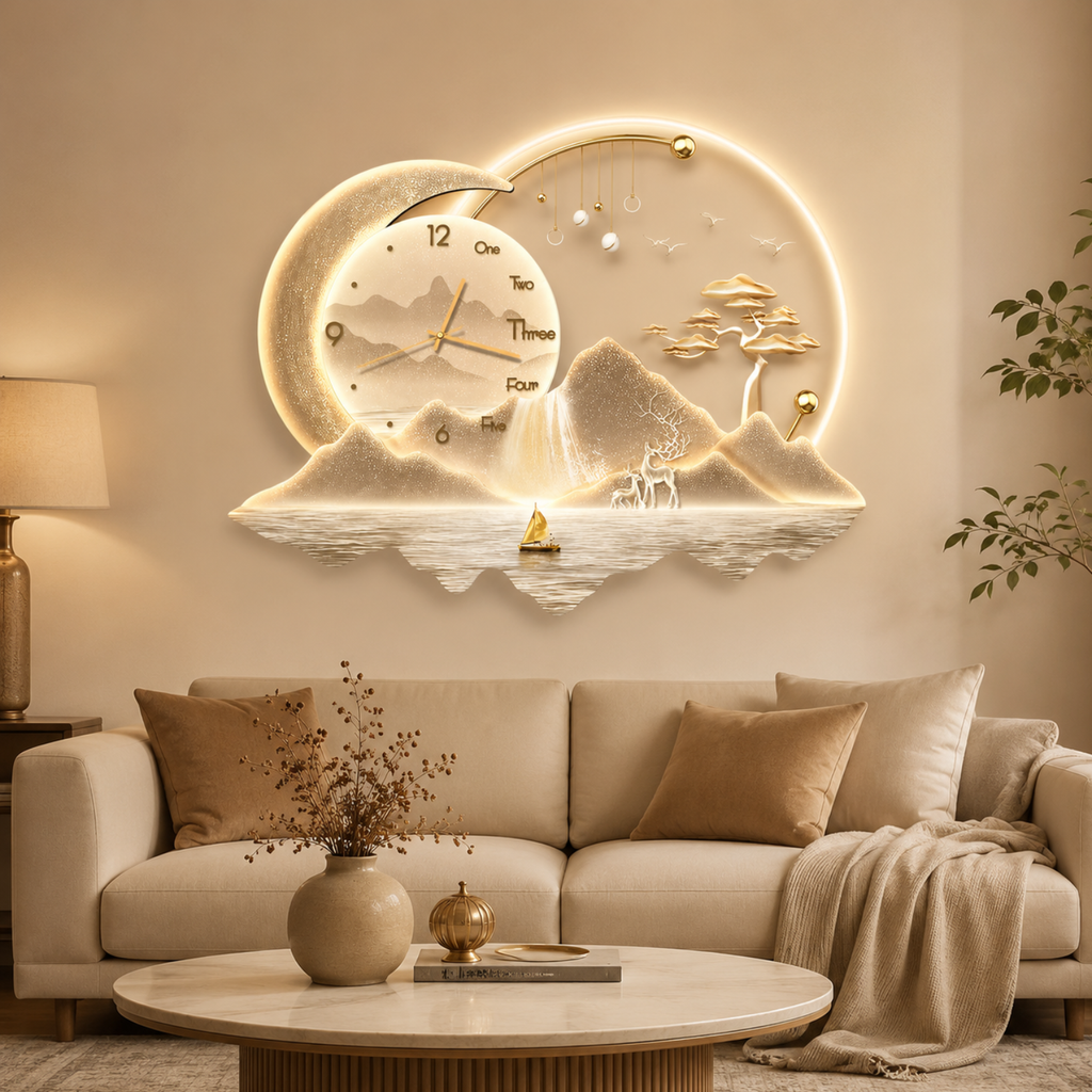 Luxury LED Moon Landscape Wall Clock