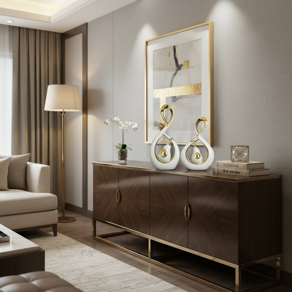 Modern living room with a wooden sideboard, decorative items, and a framed artwork.