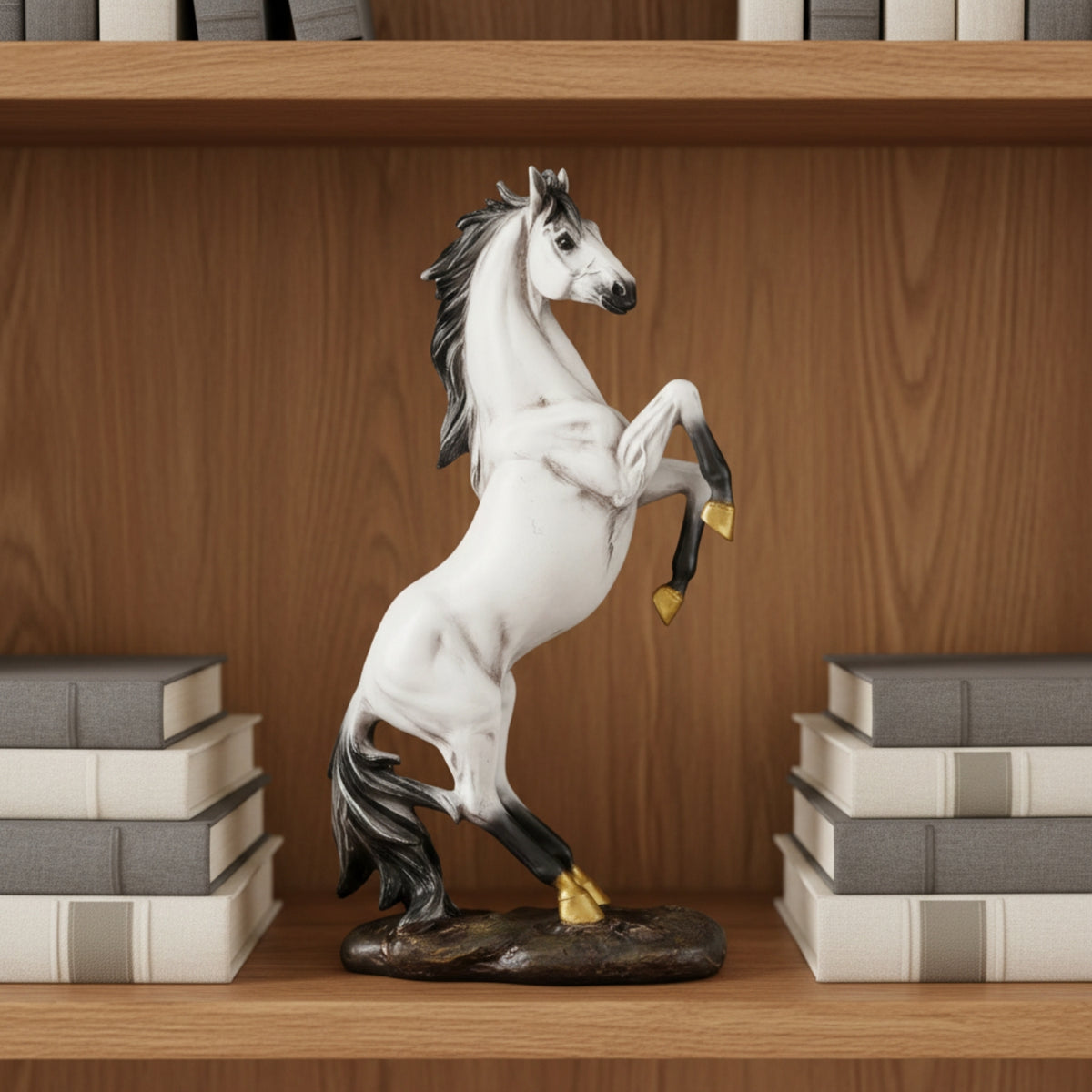 A rearing white horse figurine with black mane, tail, and lower legs, plus gold-colored hooves, displayed on a wooden shelf between stacks of books.