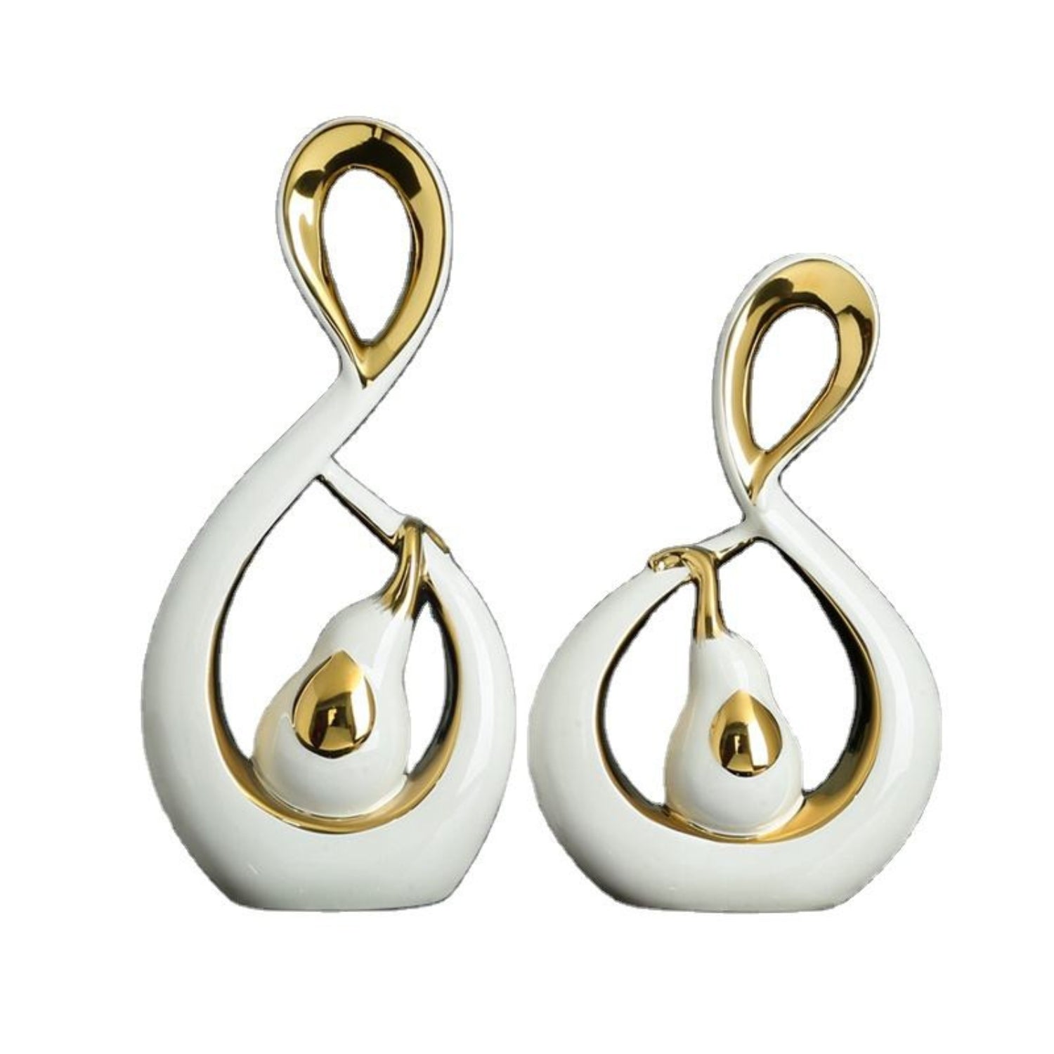 A pair of white and gold abstract teardrop-shaped earrings with a pear-like center detail, shown on a plain white background.