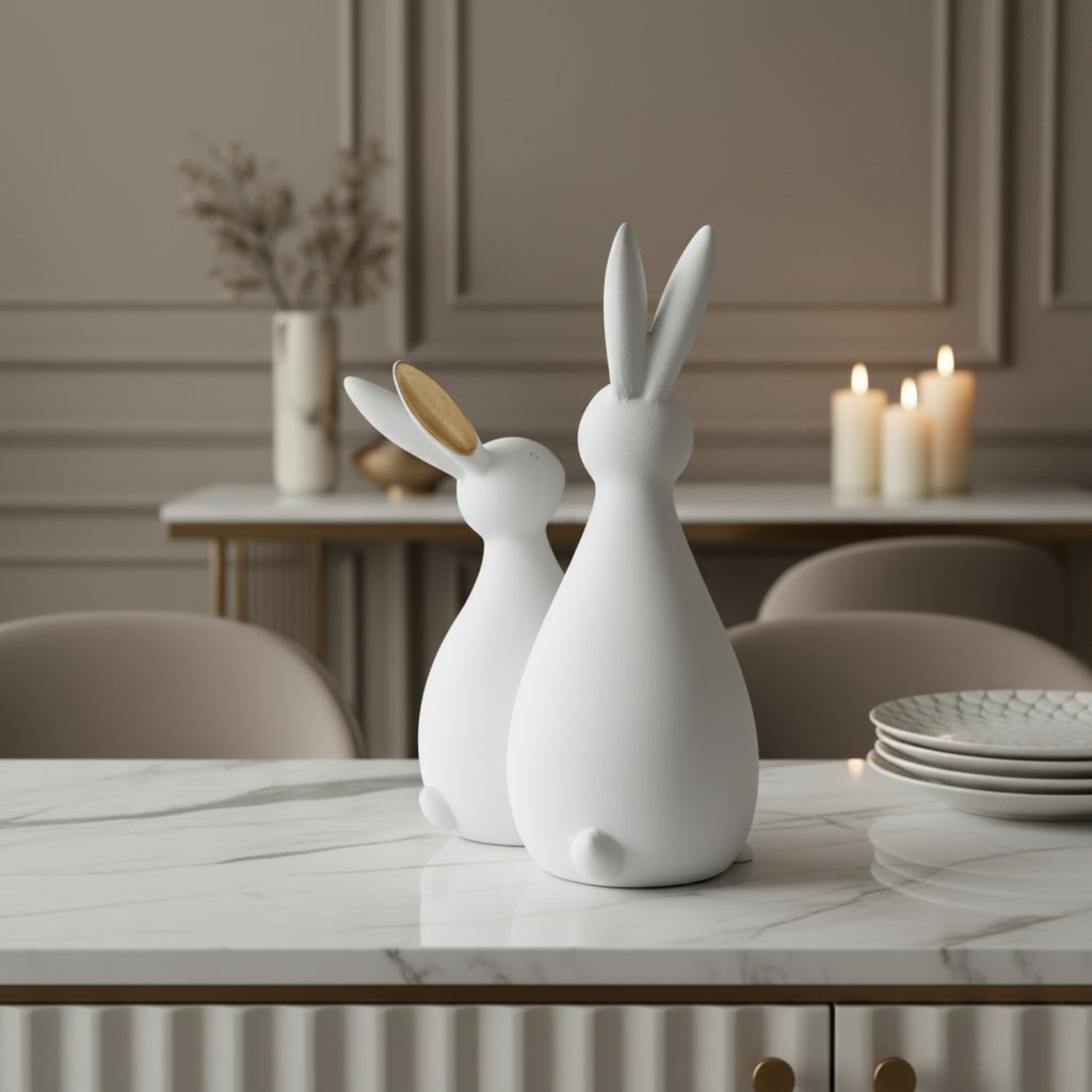 Two white ceramic rabbit figurines on a white marble dining table, with a softly blurred modern interior background featuring candles and chairs.