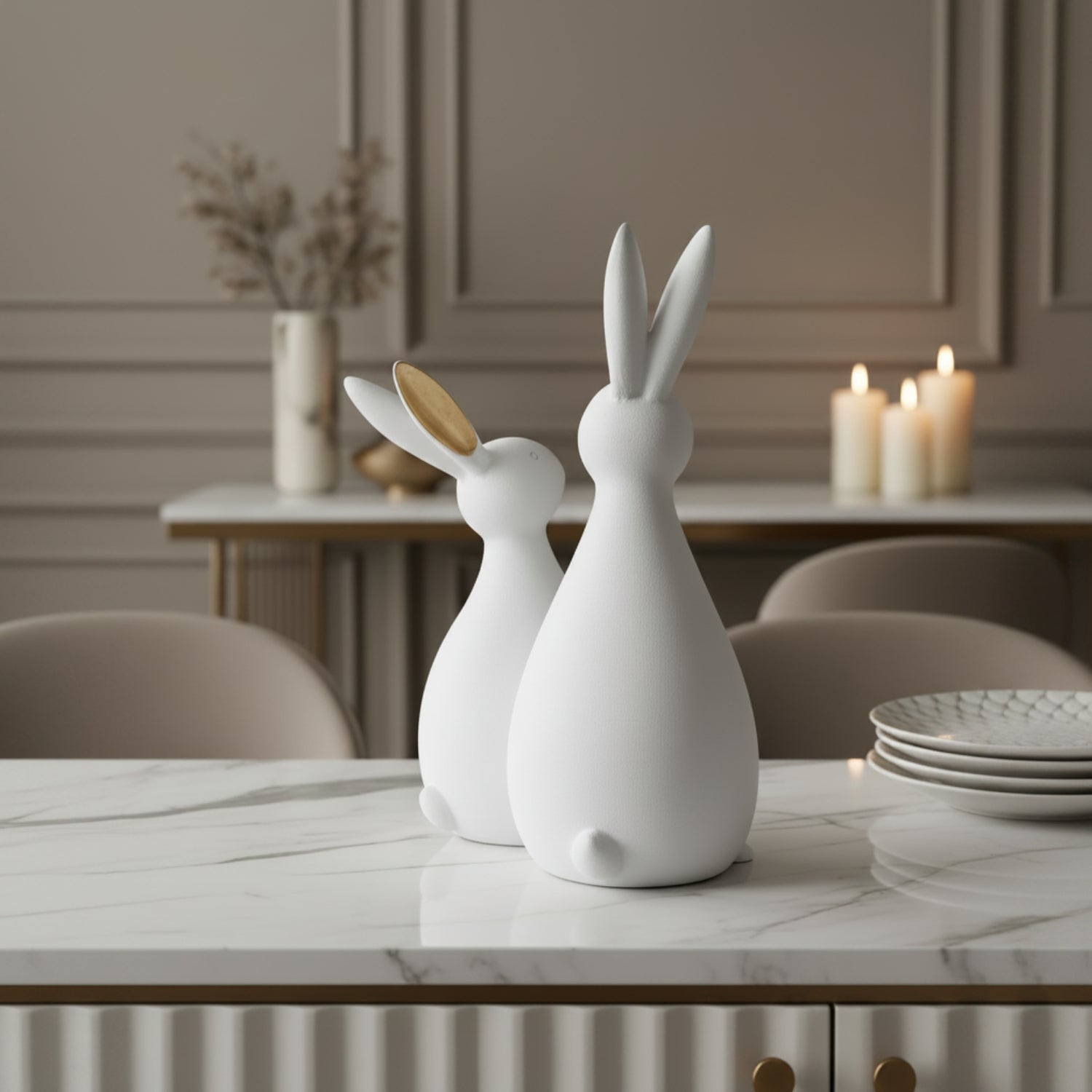 Two white ceramic rabbit figurines on a white marble dining table, with a softly blurred modern interior background featuring candles and chairs.