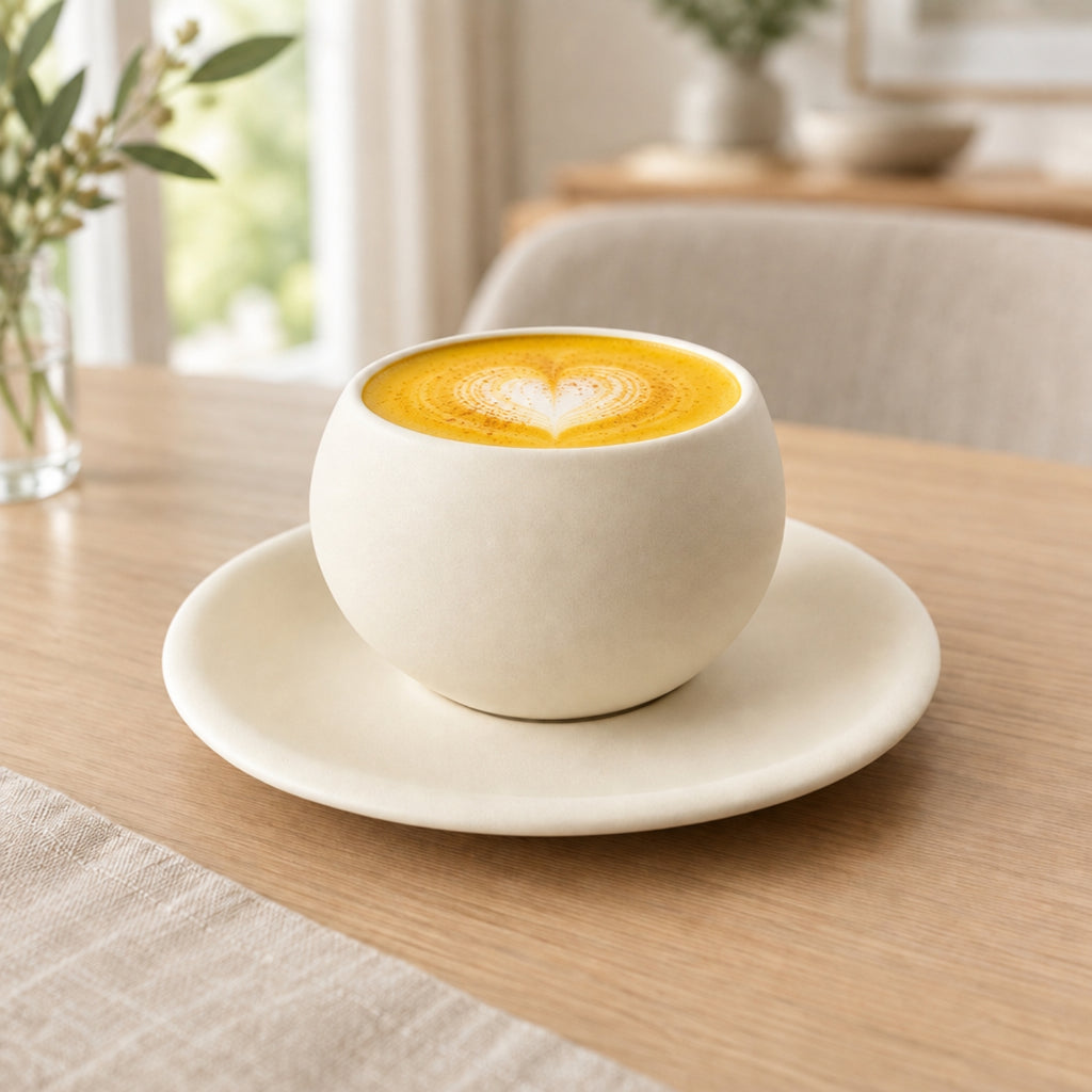 A matte ceramic cup and saucer set in a warm, softly blurred indoor setting, holding a yellow-orange beverage with a heart-shaped latte art design on top.