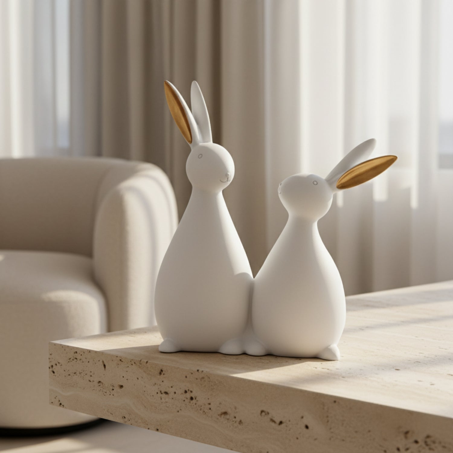 Two white ceramic rabbit figurines with gold-leaf ears, standing side by side on a light stone table in a bright, modern living room.