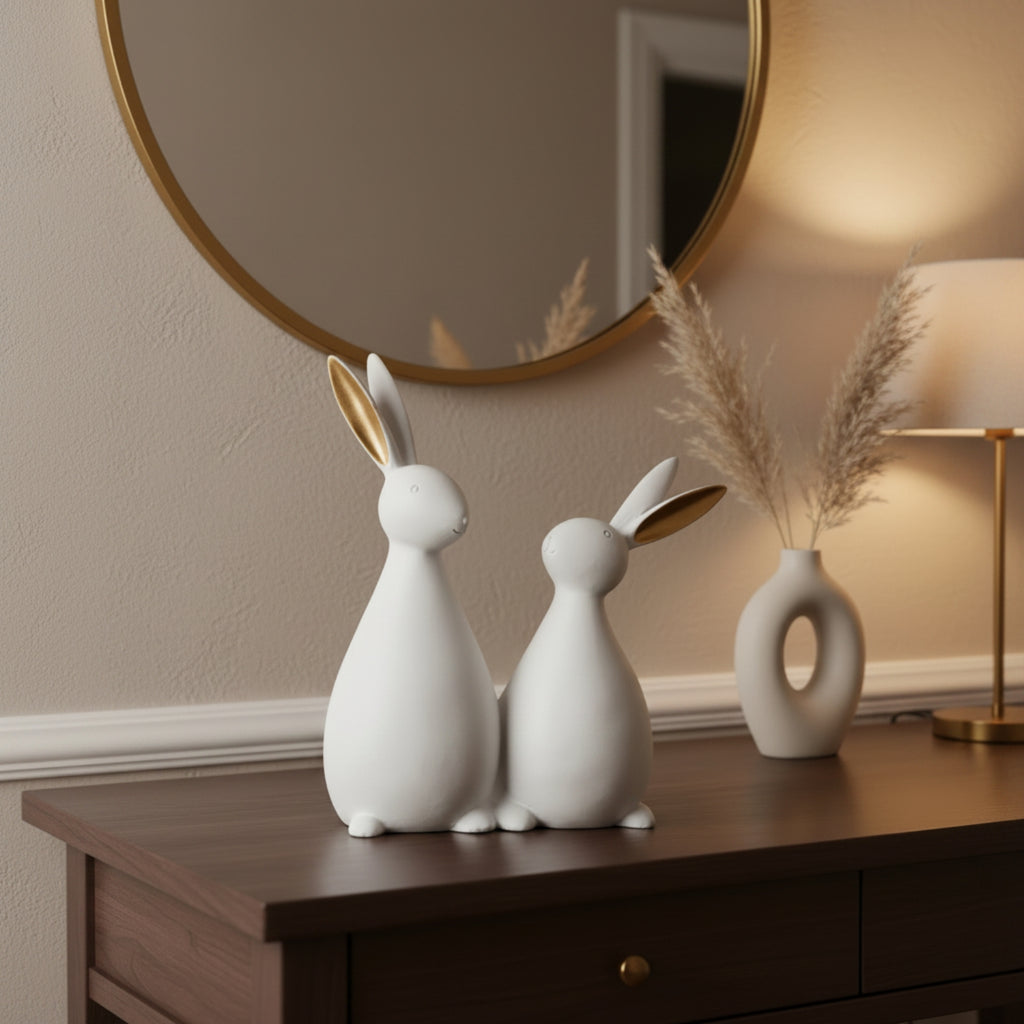Two white ceramic rabbit figurines with gold-leaf inner ears sit on a dark wood console table in a warmly lit room, with a matching vase and pampas grass, a round mirror, and a table lamp in the background.