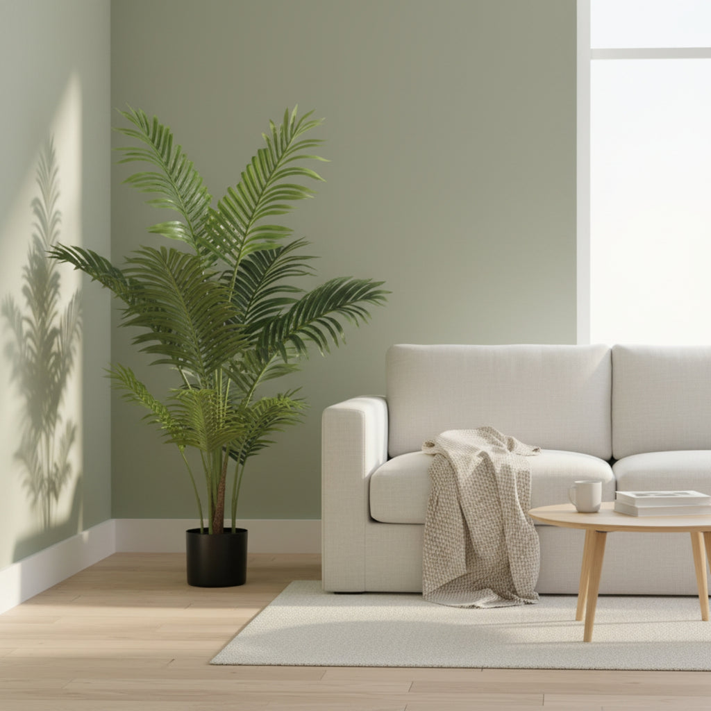 A tall green potted palm plant stands in a bright living room next to a white sofa with a beige throw blanket and a small wooden coffee table.