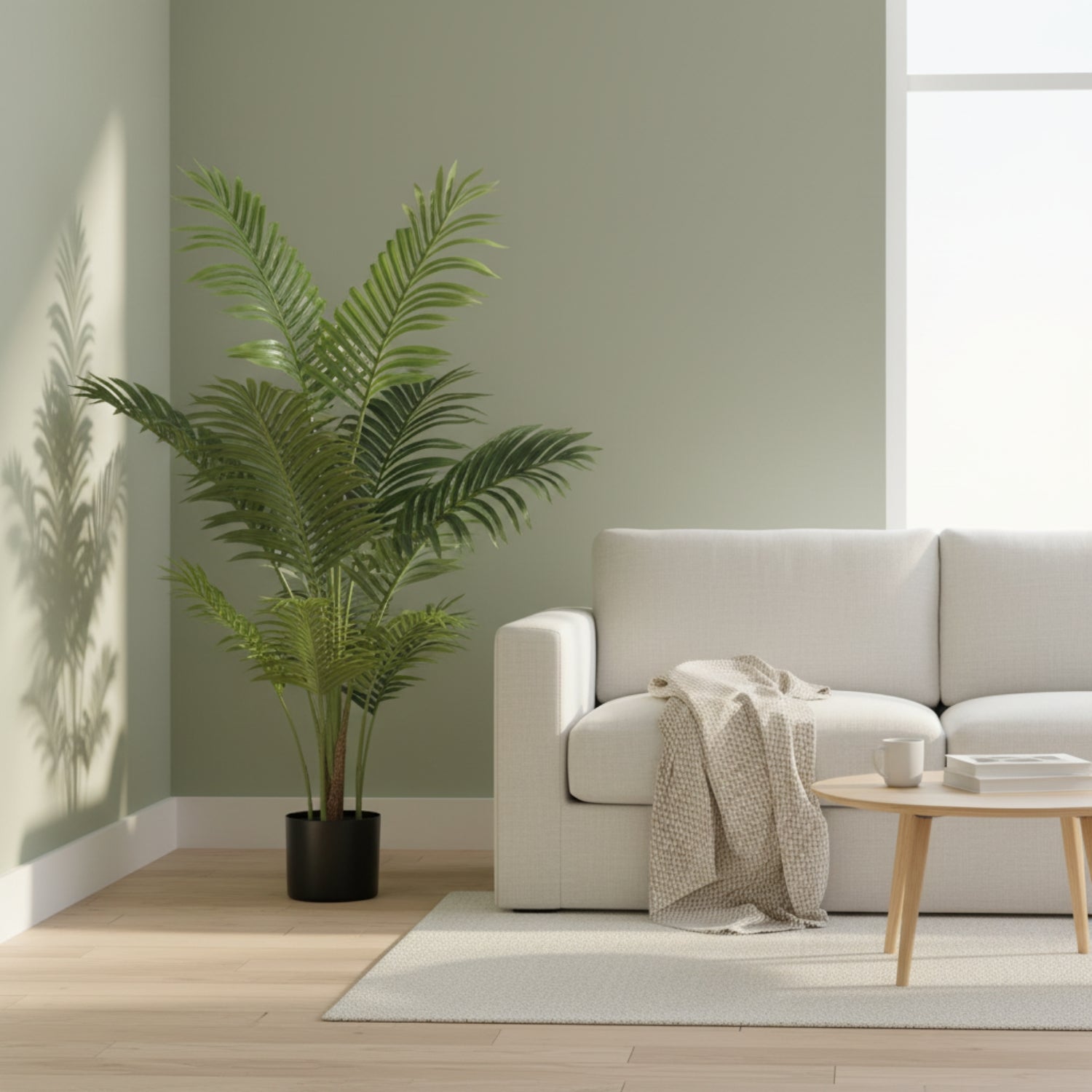 A tall green potted palm plant stands in a bright living room next to a white sofa with a beige throw blanket and a small wooden coffee table.