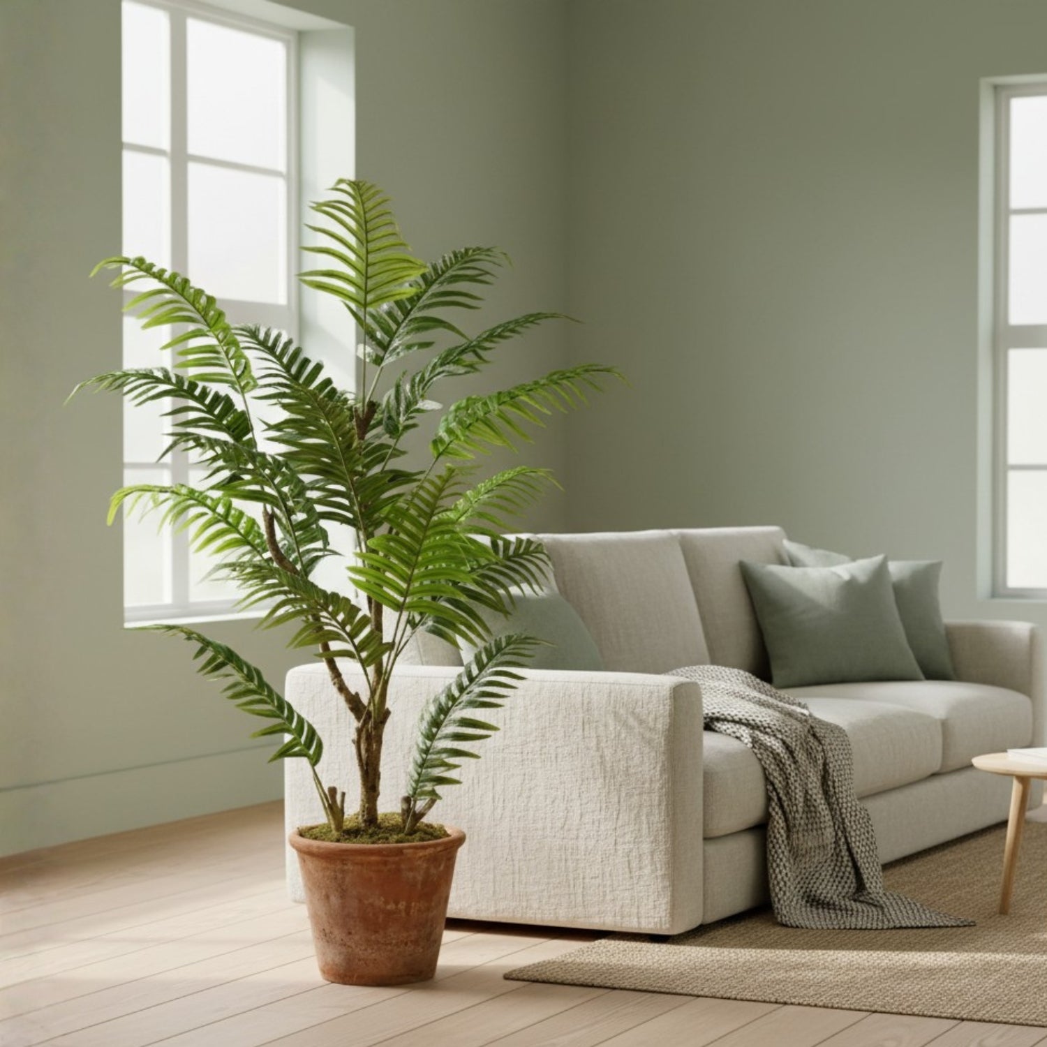 A tall potted artificial palm-like houseplant stands in a bright living room beside a light beige sofa with green pillows and a draped throw blanket.