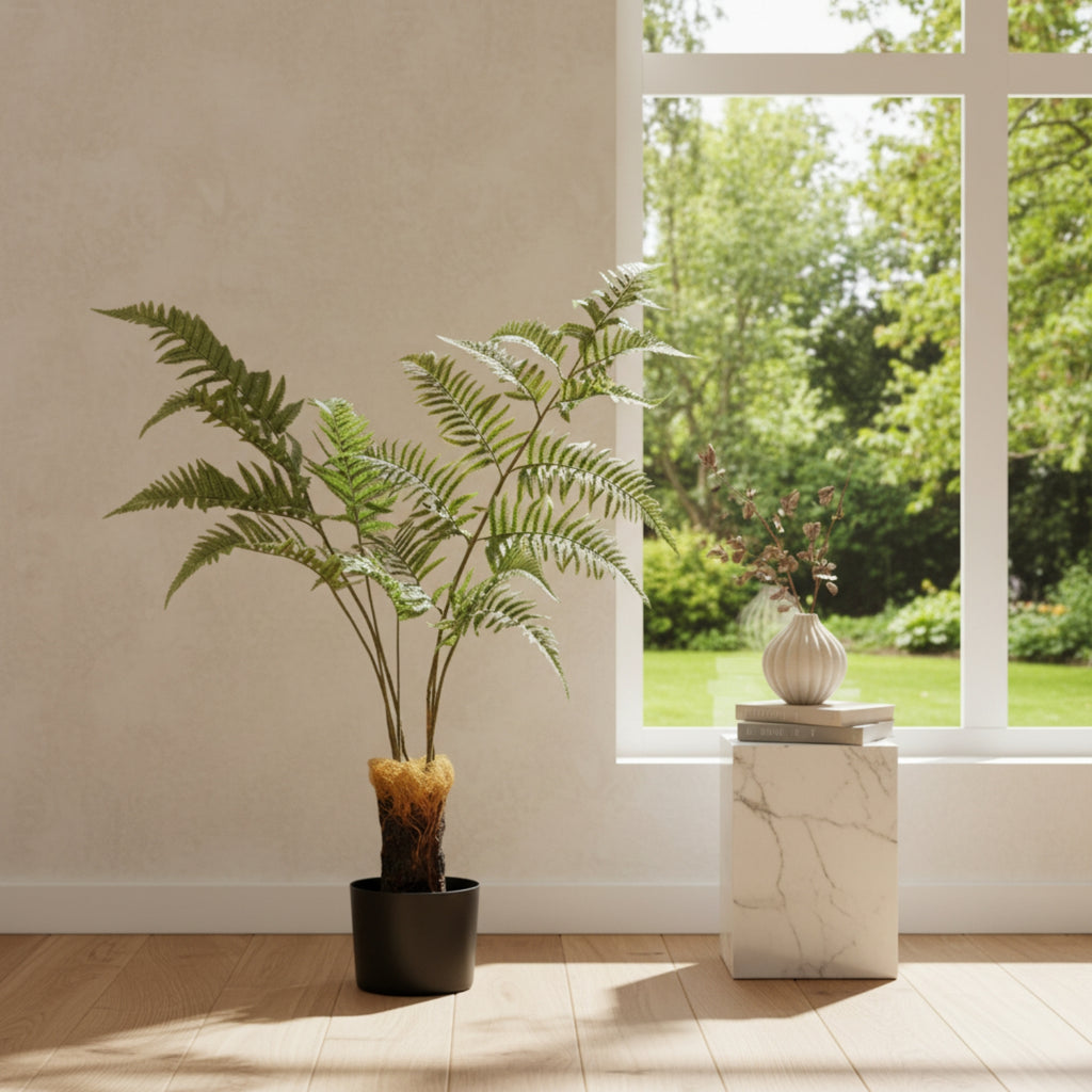 A potted artificial fern plant with green fronds and a brown faux trunk, displayed in a black pot on a light wood floor next to a window with a marble side table and green garden view.