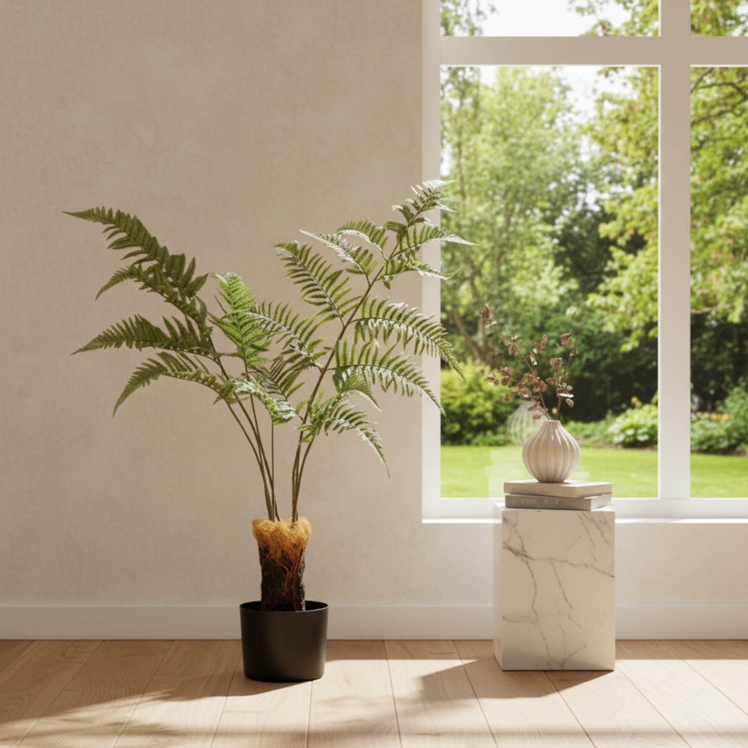 A potted artificial fern plant with green fronds and a brown faux trunk, displayed in a black pot on a light wood floor next to a window with a marble side table and green garden view.