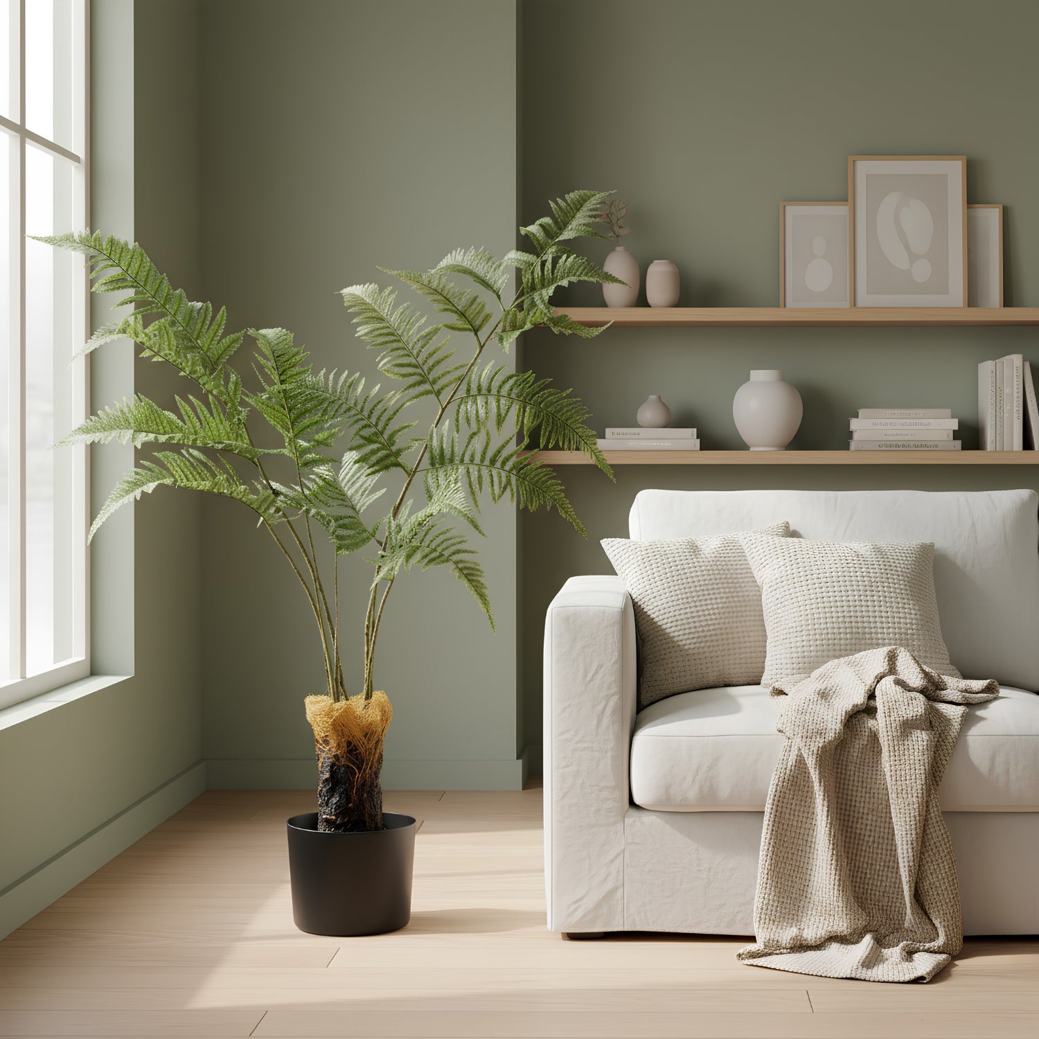 A potted green fern plant in a black pot, styled in a bright, modern living room next to a white sofa with a beige throw blanket.