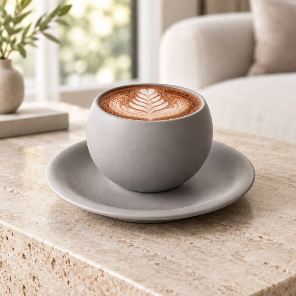 A matte gray ceramic coffee cup with a matching saucer, filled with latte art coffee, set on a light stone table in a softly blurred indoor setting.