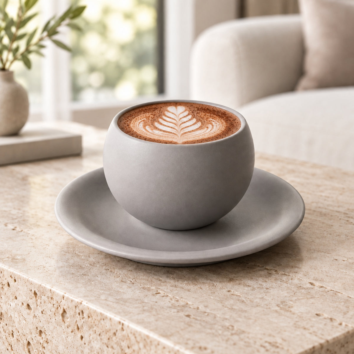 A matte gray ceramic coffee cup with a matching saucer, filled with latte art coffee, set on a light stone table in a softly blurred indoor setting.