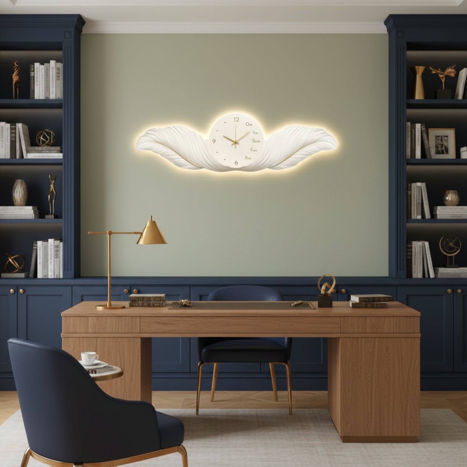 A modern home office scene featuring a glowing white cloud-shaped wall clock mounted on a sage green wall, flanked by dark blue bookshelves and a wooden desk with a chair.