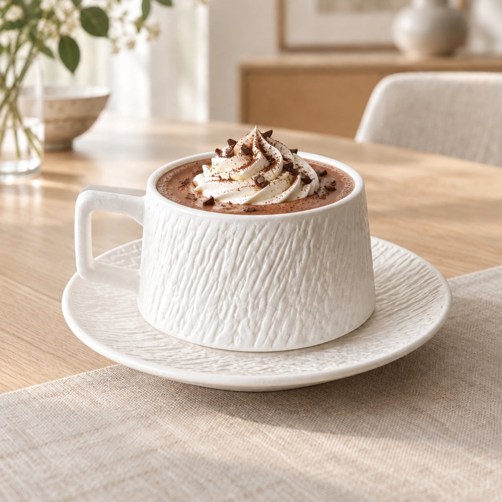 A white ceramic coffee mug with a textured crisscross pattern, filled with a hot chocolate drink and topped with whipped cream and cocoa powder, sitting on a matching saucer on a wooden table.