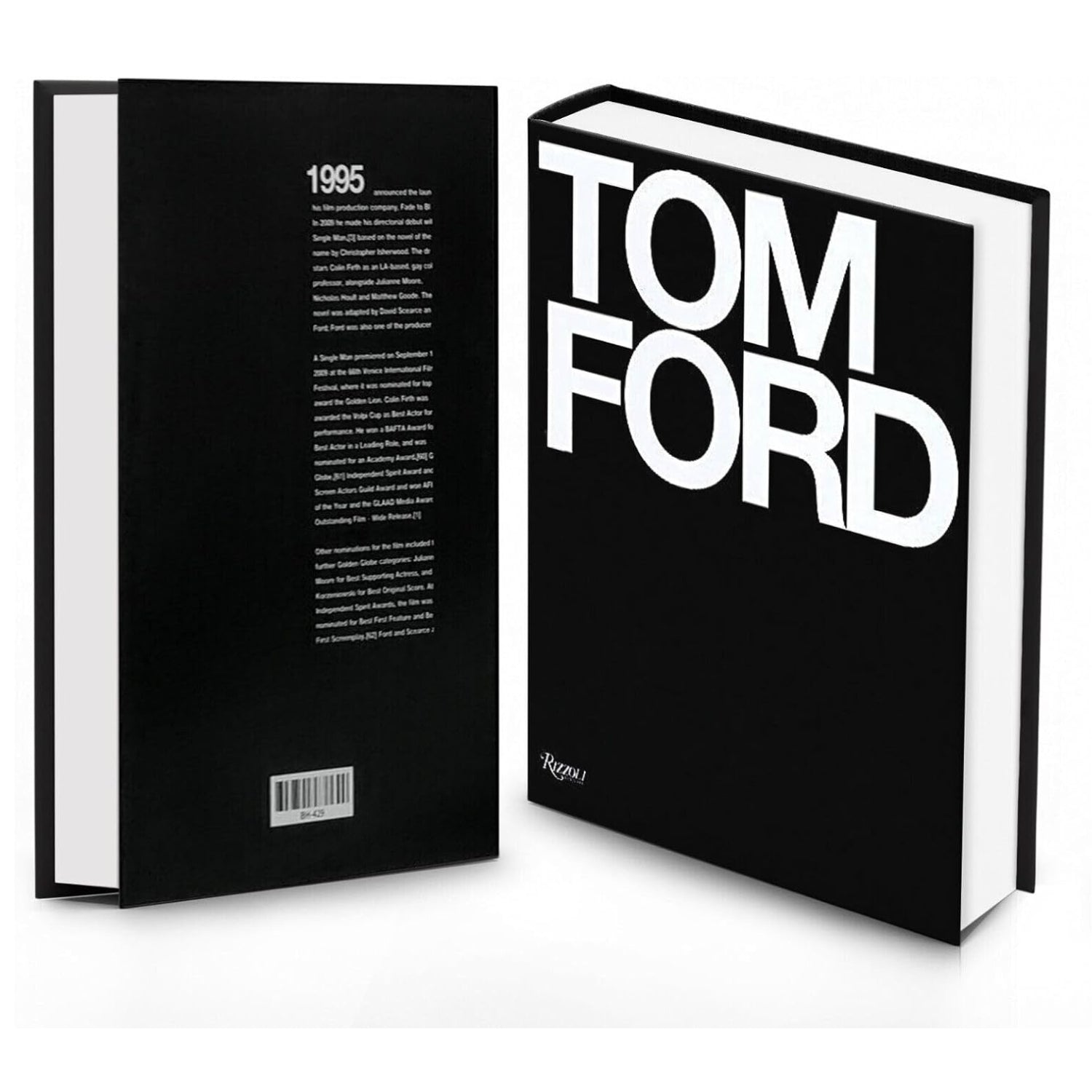A hardcover book shown from the front and back on a clean white background. The front cover is black with large white 'TOM FORD' lettering, and the back cover is also black with white text and a barcode.