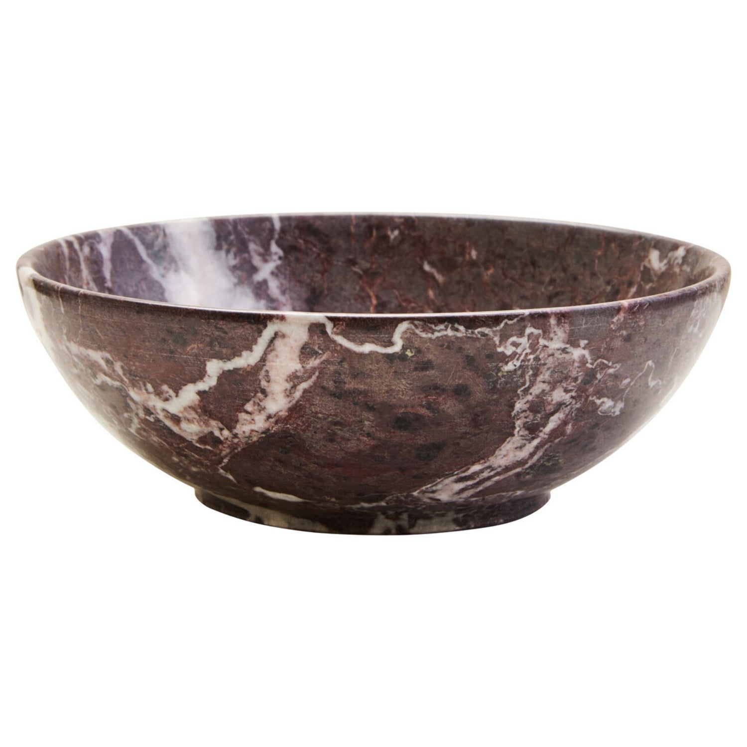 A round stone bowl with a dark reddish-brown and purple marbled pattern and white veining, shown against a plain white background.